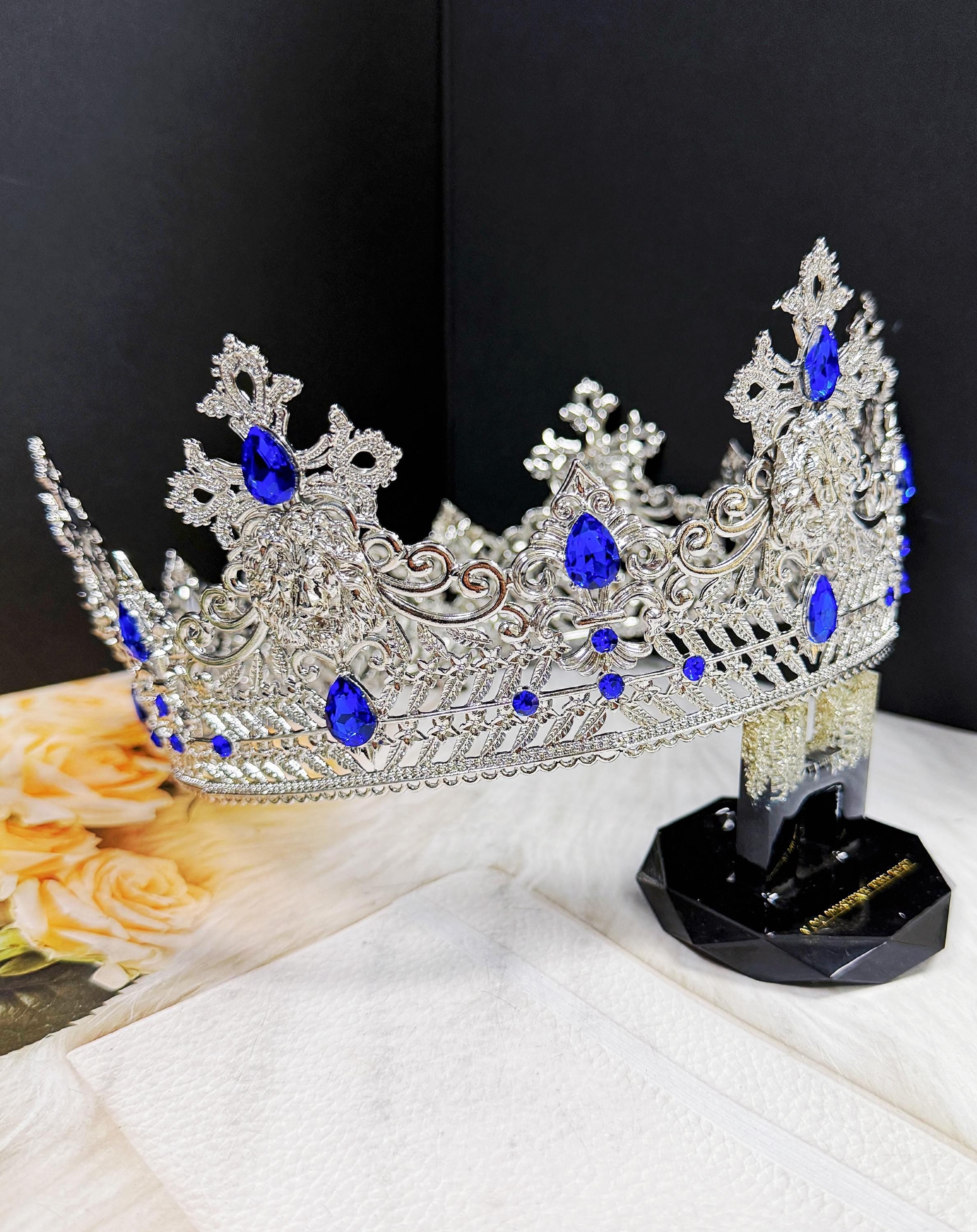 HappyJewelryWorld Vintage Lion King Crown Blue Crystal XL 23.5