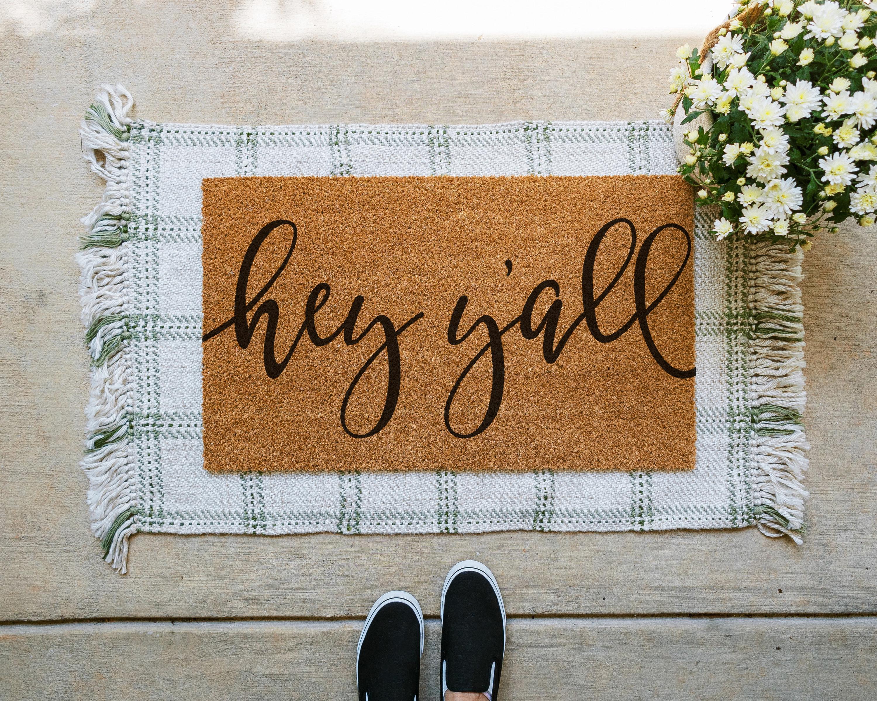 Coir Doormat with 'Hey Y'all' Design Funny Welcome Mat Front Porch Decor