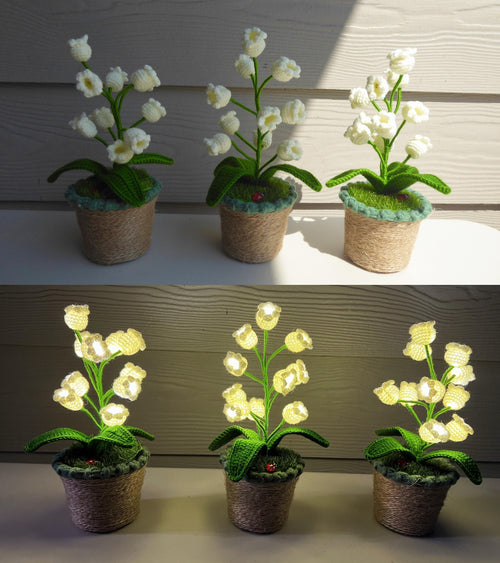 CrochetRecipe Handmade Lily of the Valley Potted Plant LED Lamp 8in White