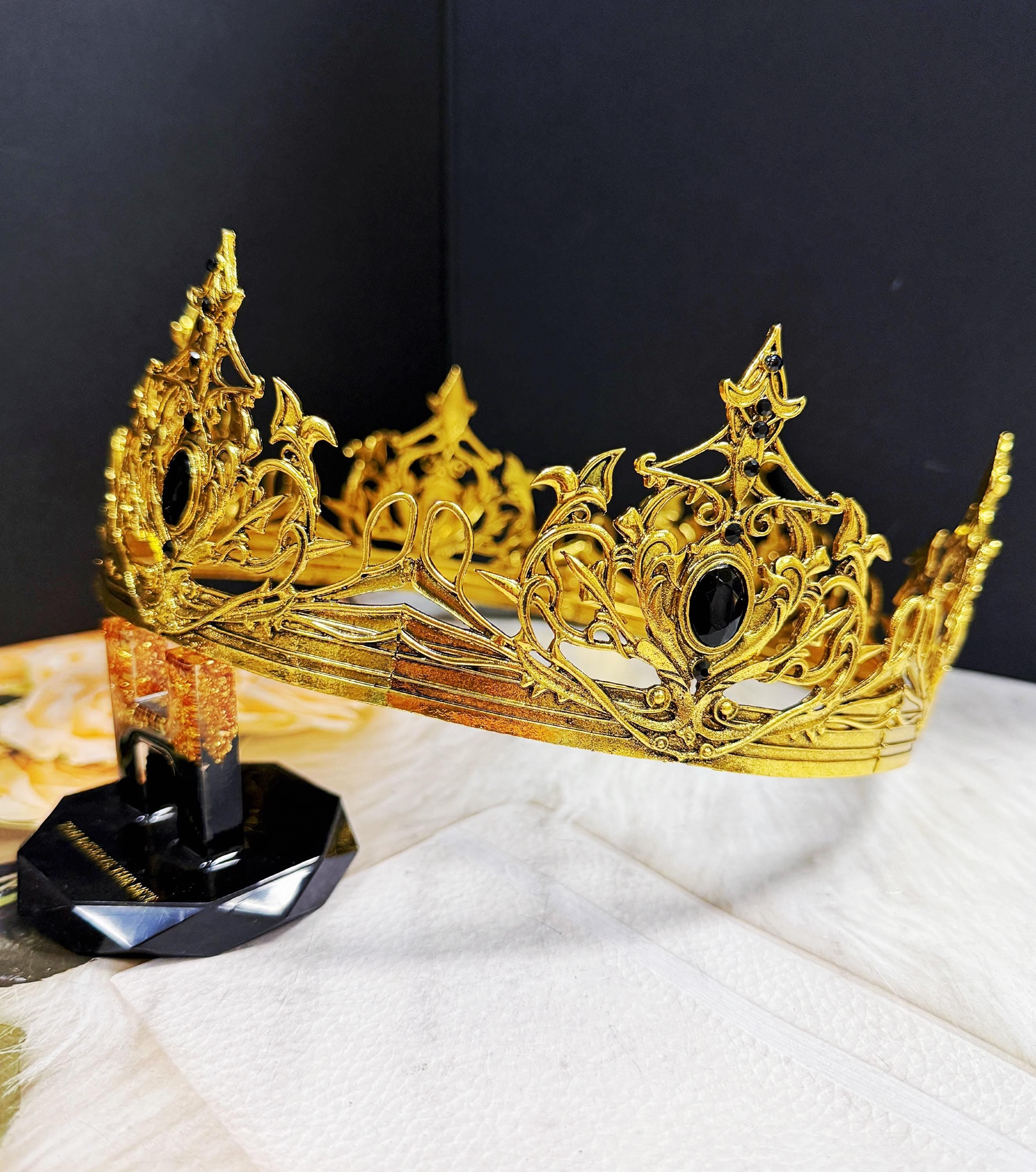 HappyJewelryWorld Renaissance Gold Crown Black Rhinestone Theatrical Prop