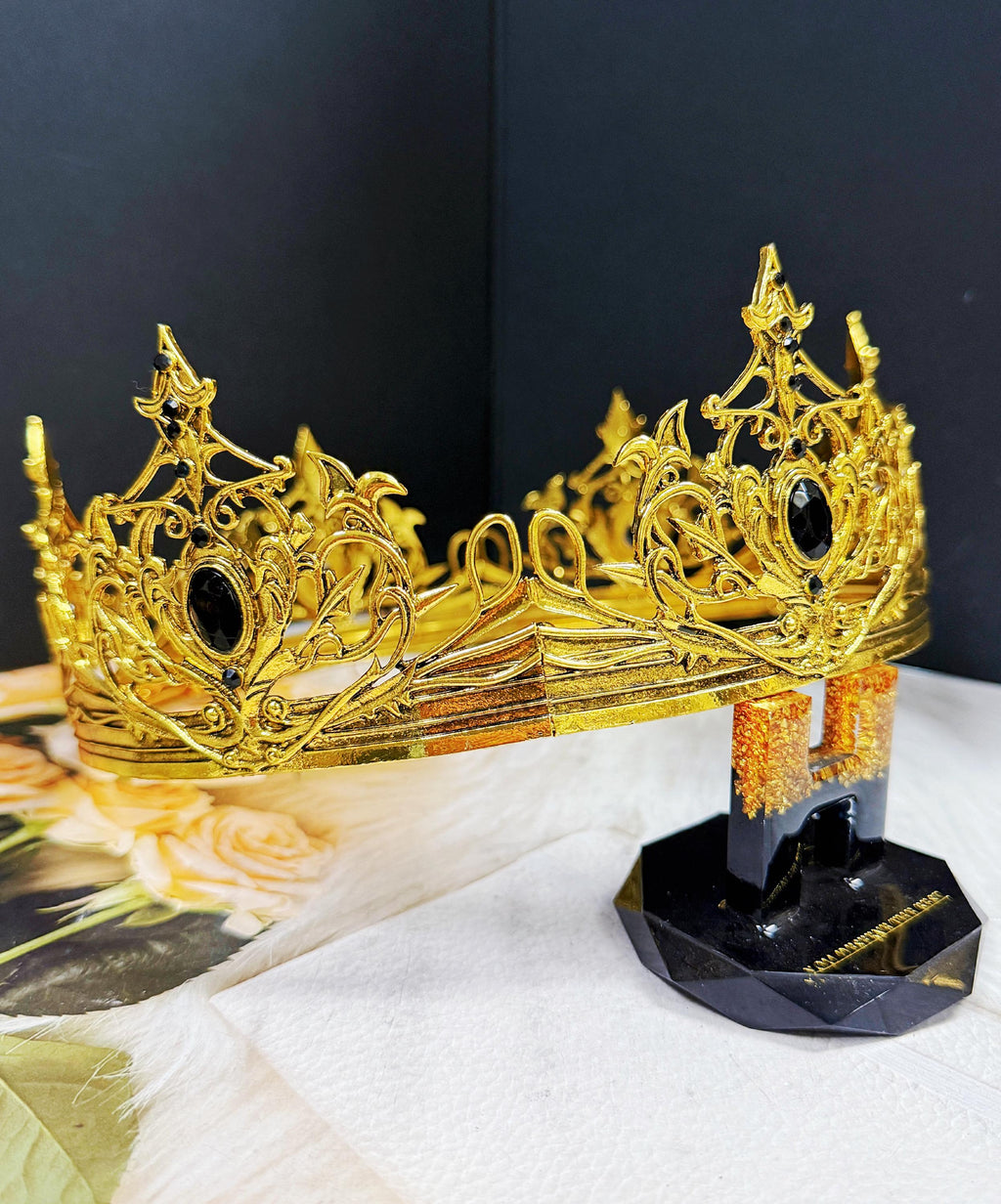 HappyJewelryWorld Renaissance Gold Crown Black Rhinestone Theatrical Prop