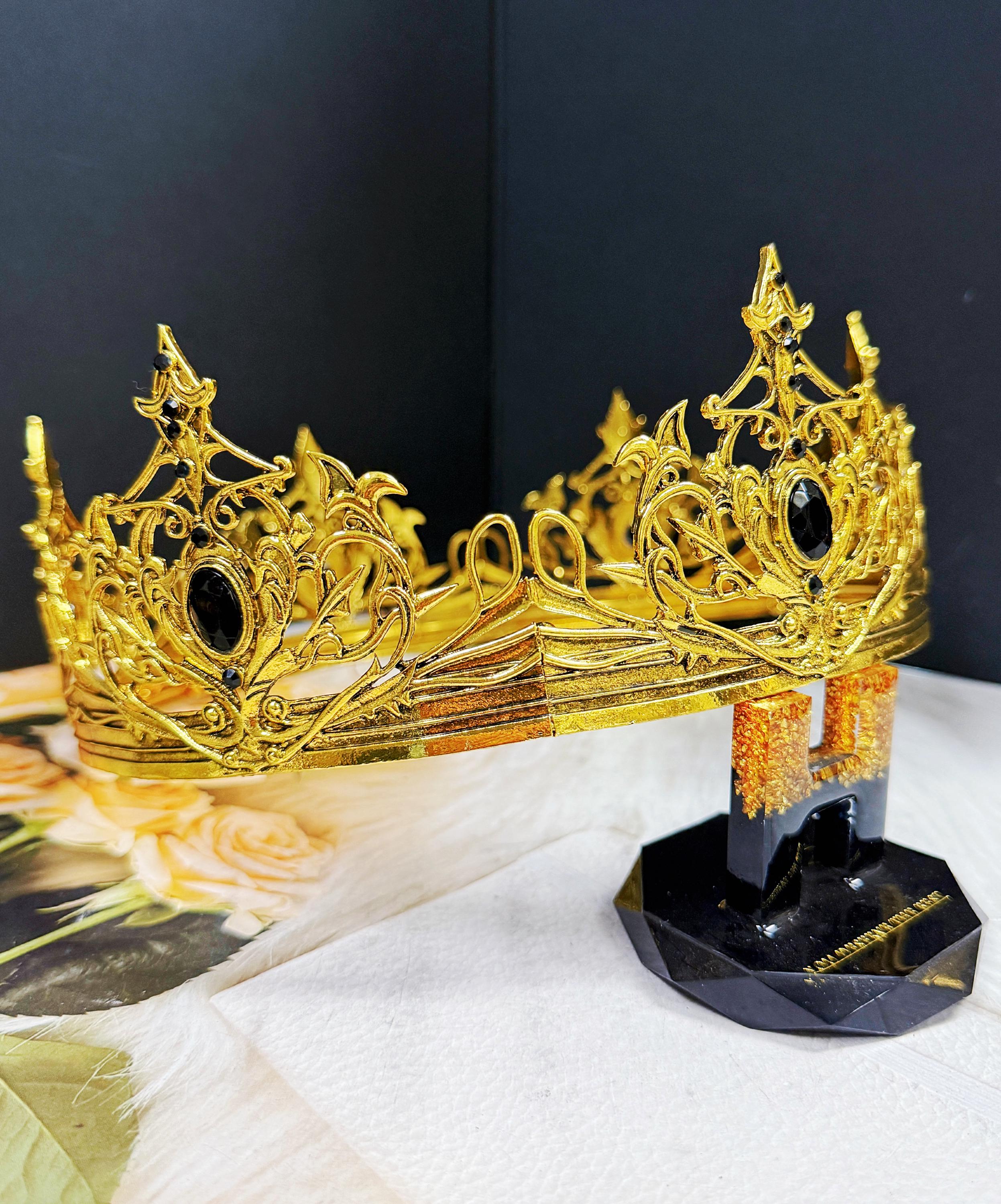 HappyJewelryWorld Renaissance Gold Crown Black Rhinestone Theatrical Prop