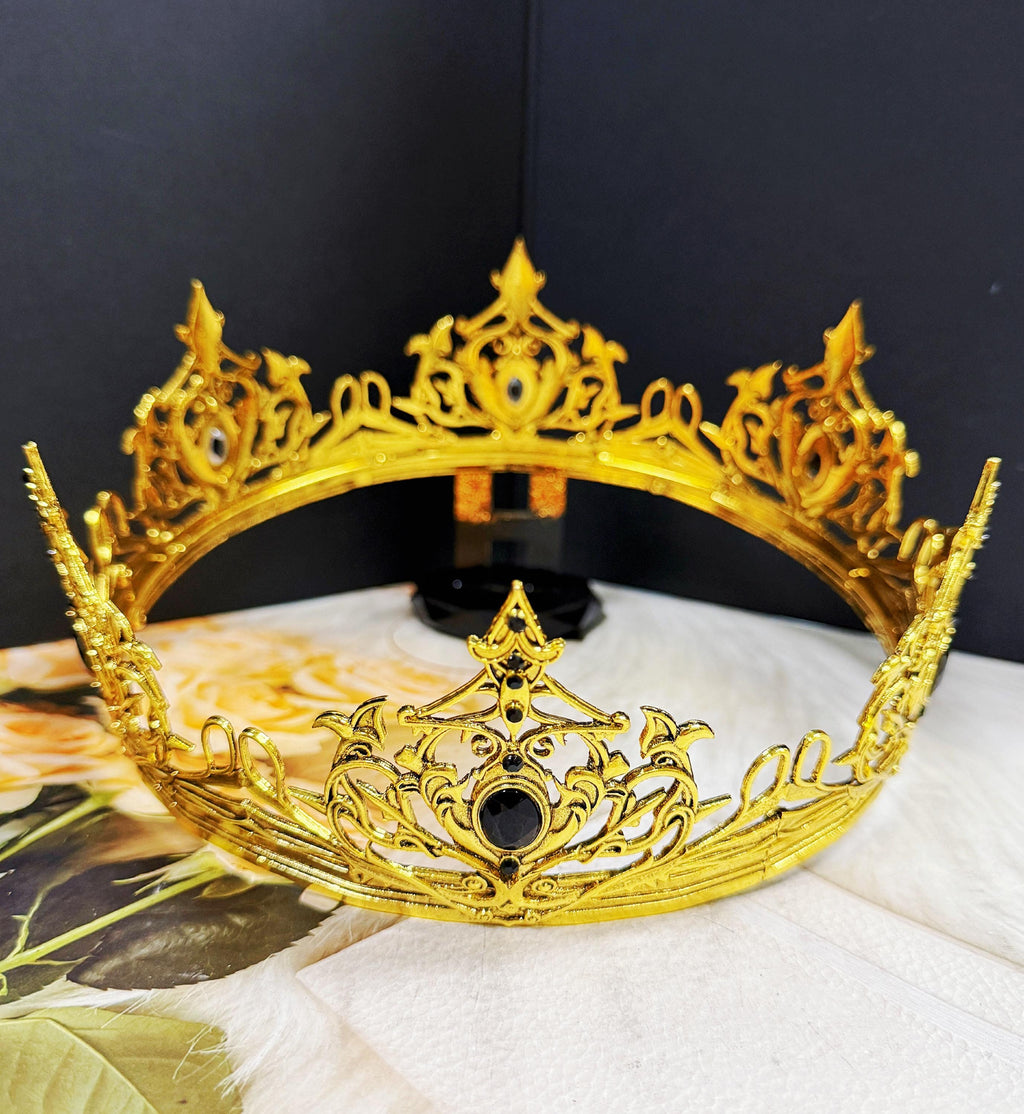 HappyJewelryWorld Renaissance Gold Crown Black Rhinestone Theatrical Prop