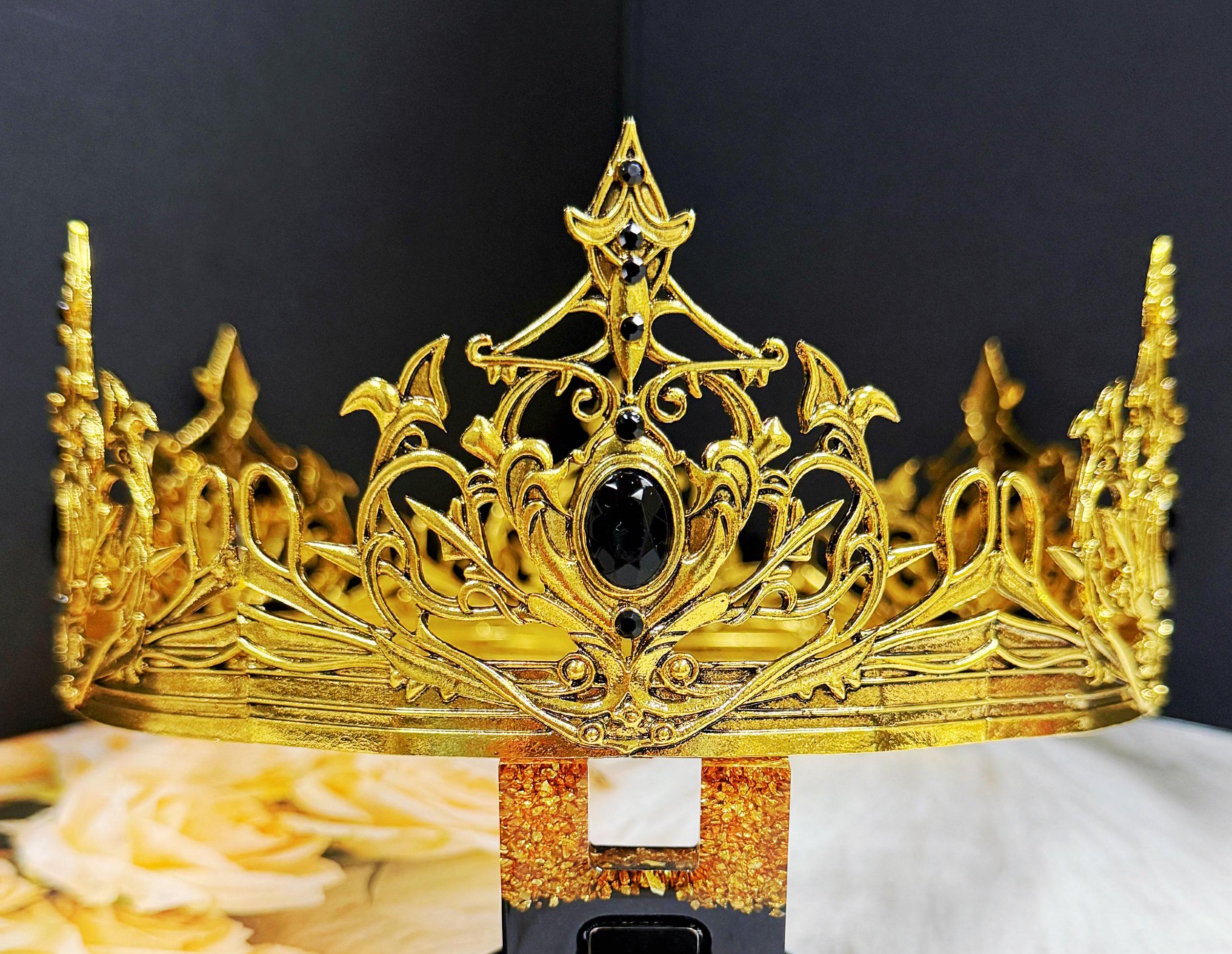 HappyJewelryWorld Renaissance Gold Crown Black Rhinestone Theatrical Prop