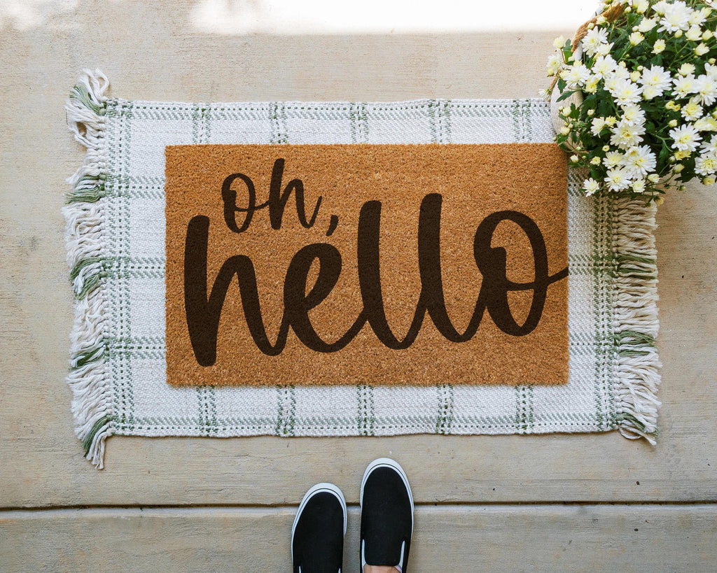 HamlinRowShop Oh Hello Coir Doormat Natural Cursive Script