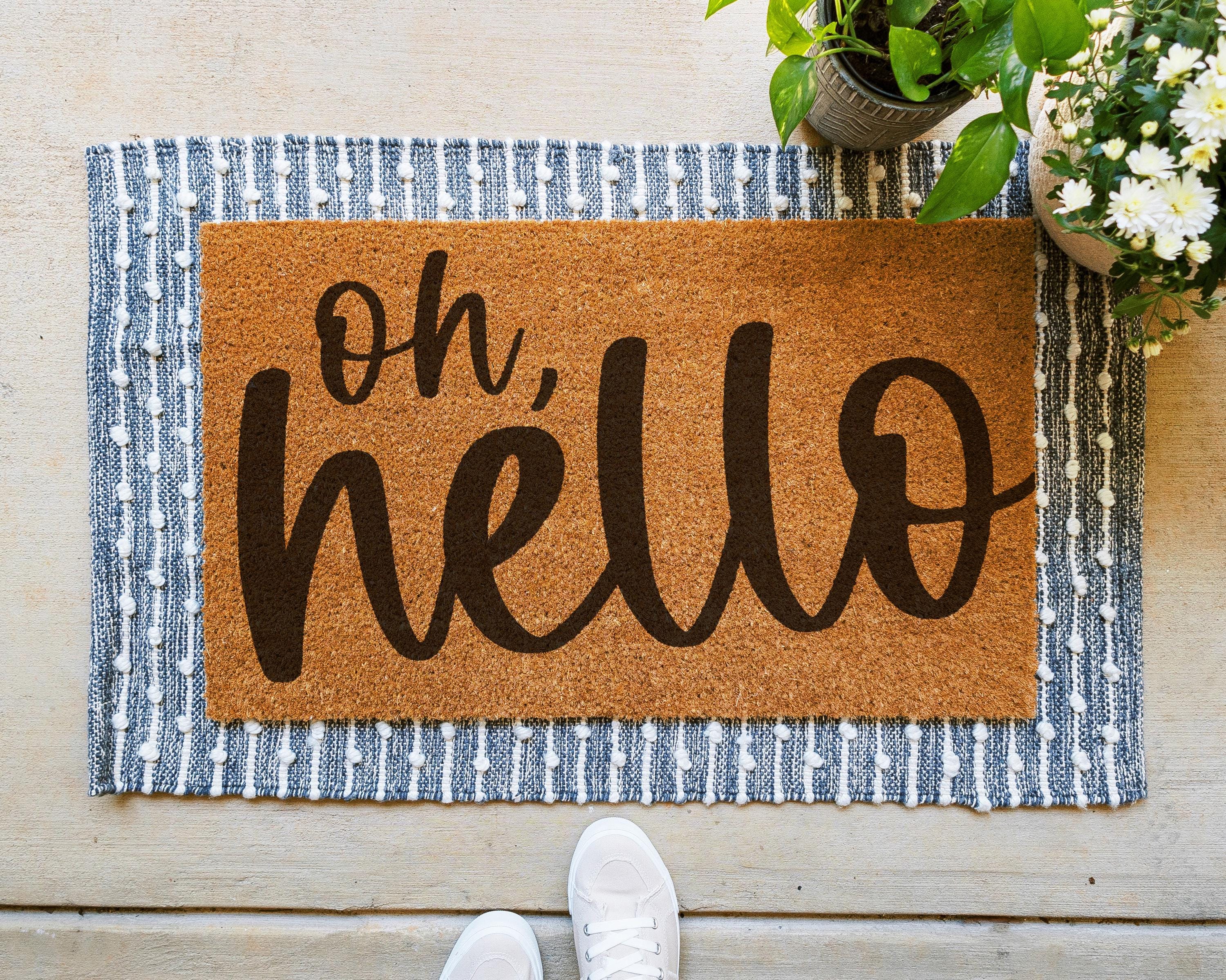HamlinRowShop Oh Hello Coir Doormat Natural Cursive Script