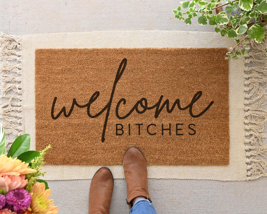 HamlinRowShop Welcome Bitches Coir Doormat Natural 18x30in