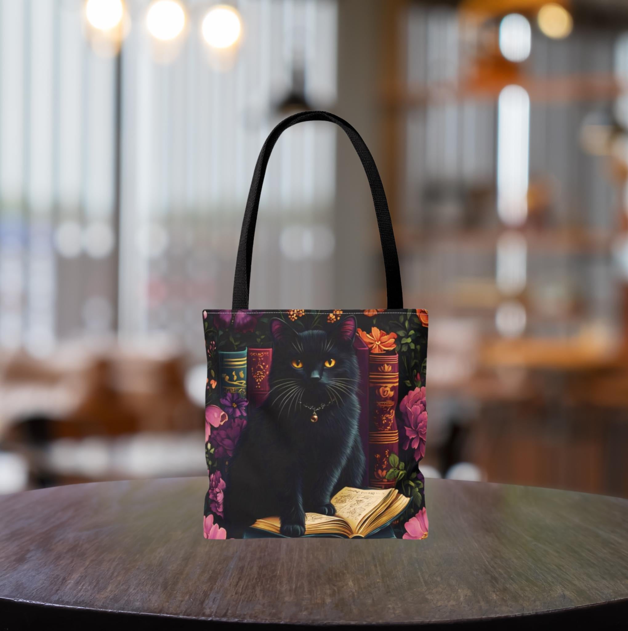 Floral Black Cat Book Tote: Bookish Cat Lover Gift Mom Bookworm Boho Bag