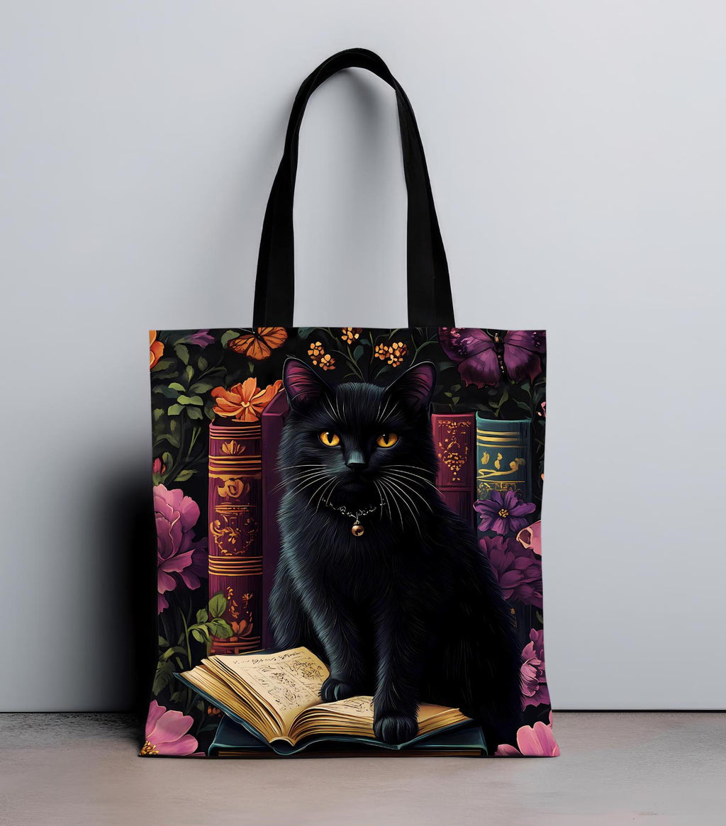 Floral Black Cat Book Tote: Bookish Cat Lover Gift Mom Bookworm Boho Bag