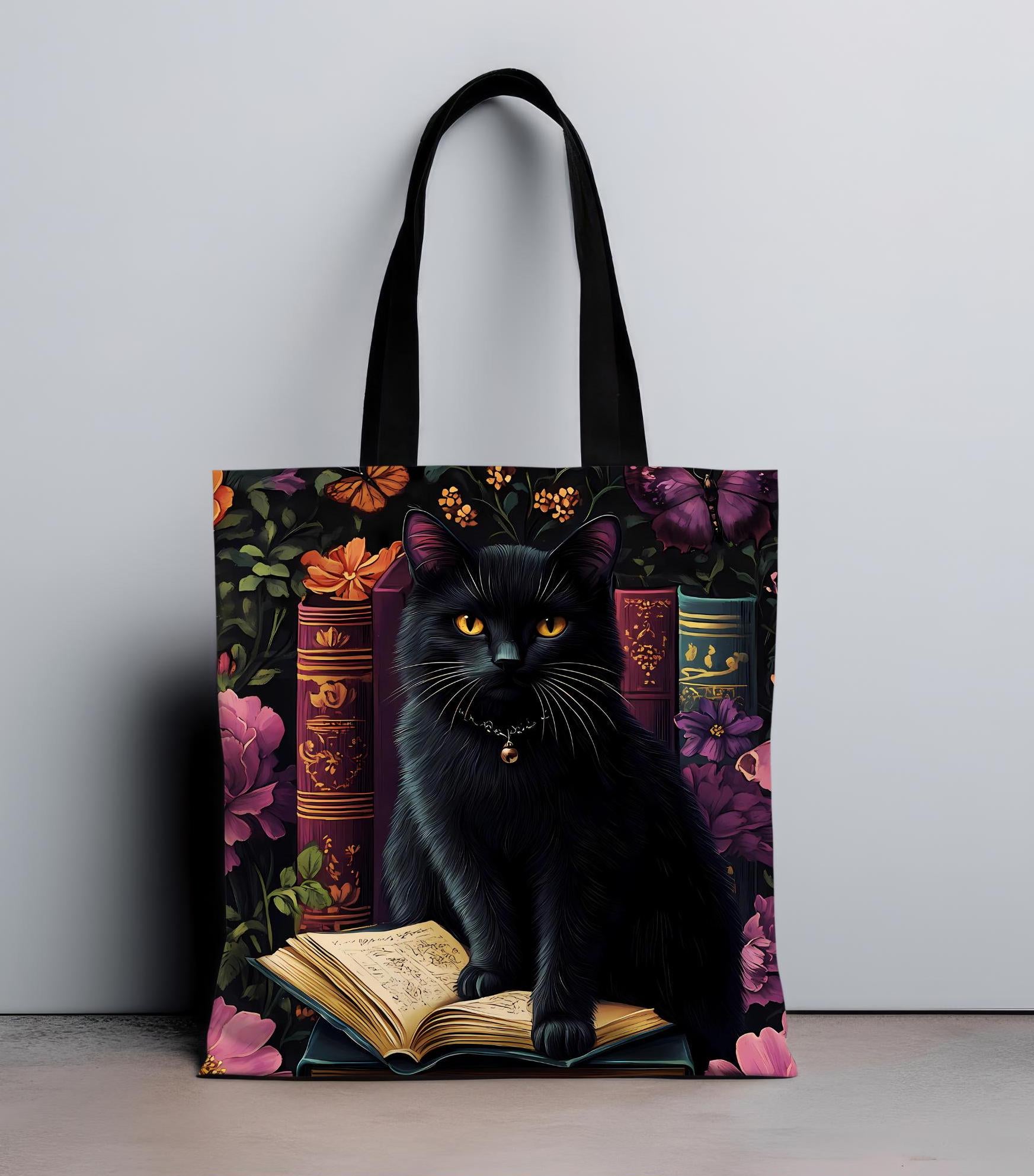 Floral Black Cat Book Tote: Bookish Cat Lover Gift Mom Bookworm Boho Bag