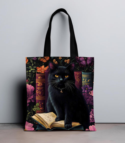Floral Black Cat Book Tote: Bookish Cat Lover Gift Mom Bookworm Boho Bag