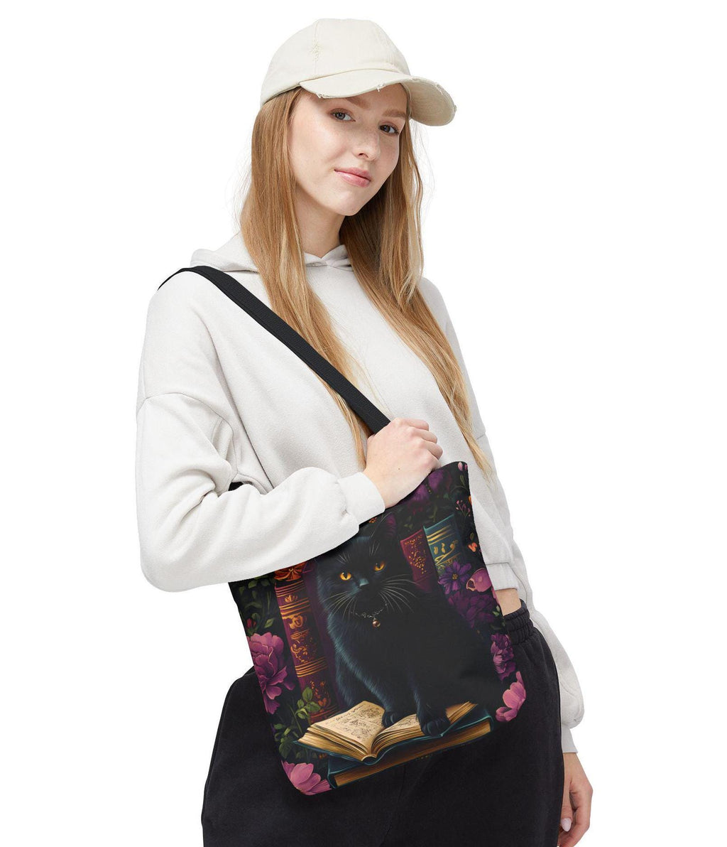 Floral Black Cat Book Tote: Bookish Cat Lover Gift Mom Bookworm Boho Bag