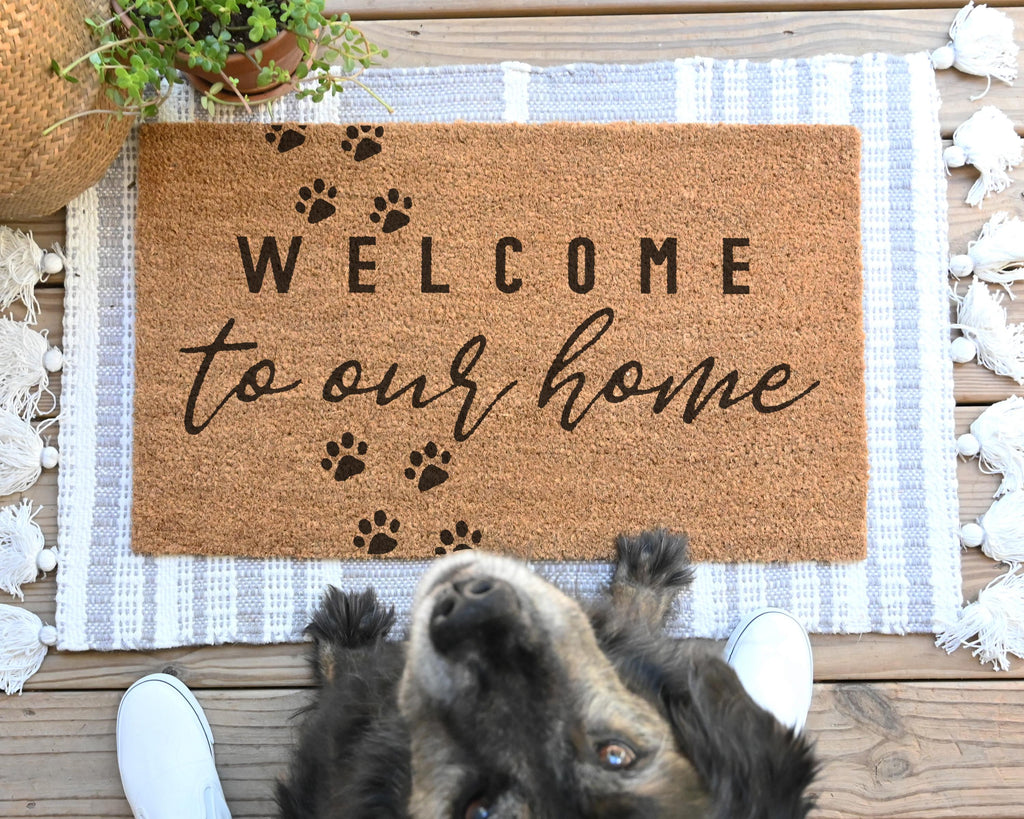 Coir Dog Paws Welcome Doormat With Paw Print Design