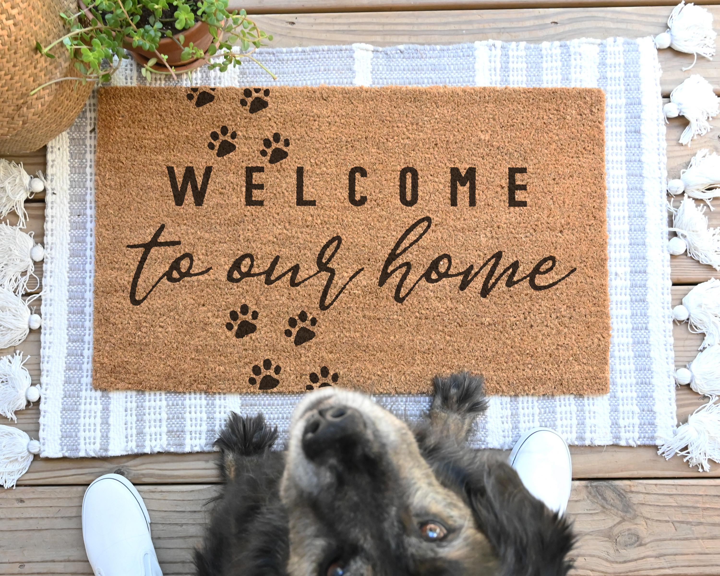 Coir Dog Paws Welcome Doormat With Paw Print Design