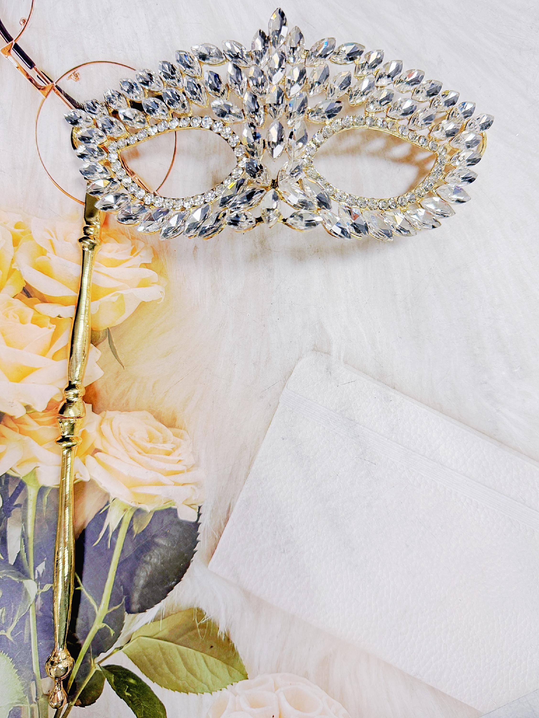HappyJewelryWorld Crystal Masquerade Mask on Stick Gold Venetian Ball Mask