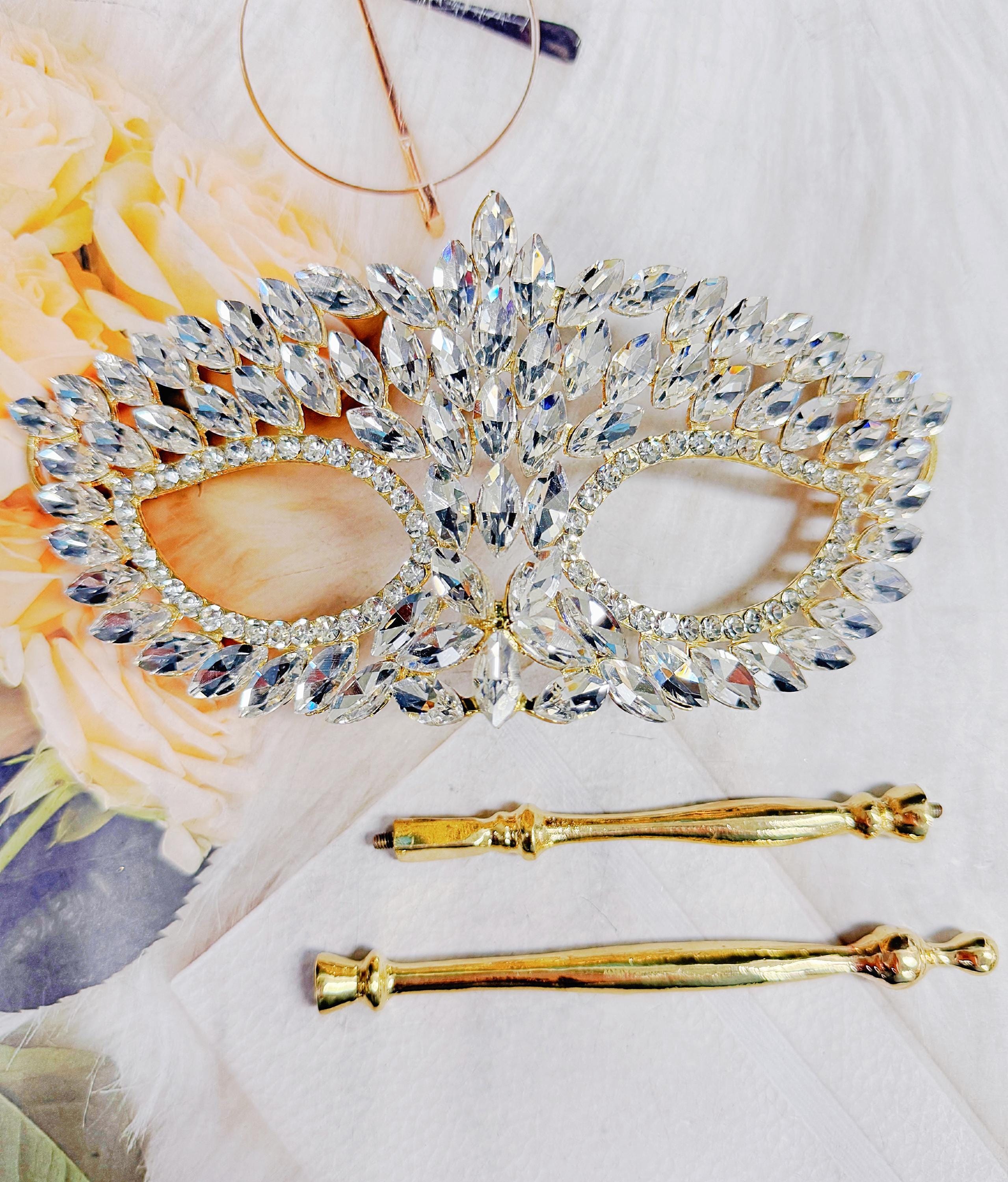 HappyJewelryWorld Crystal Masquerade Mask on Stick Gold Venetian Ball Mask
