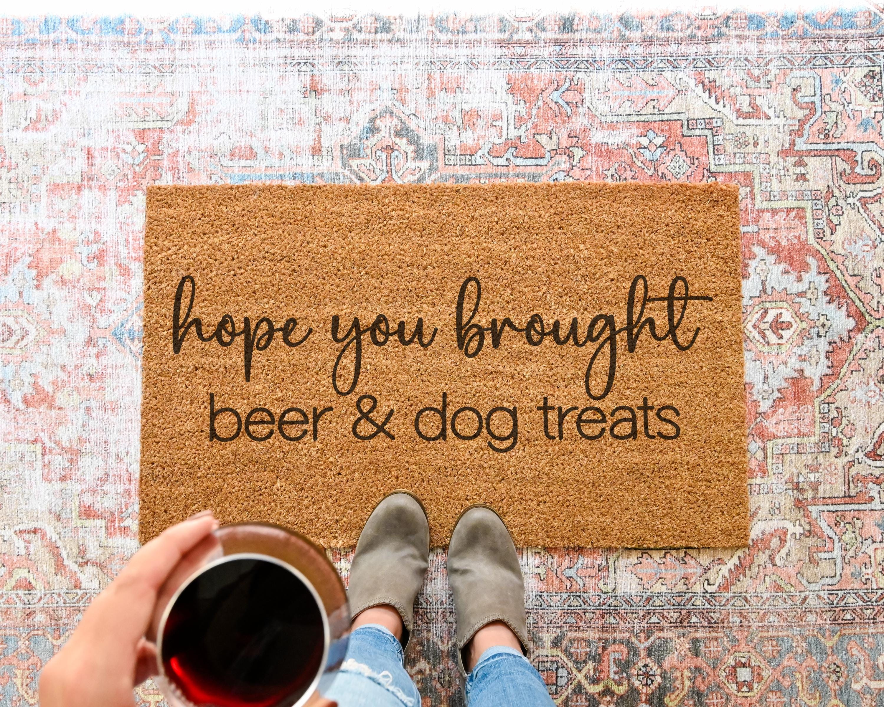 Hamlinrowshop Hope You Brought Beer and Dog Treats Coir Doormat