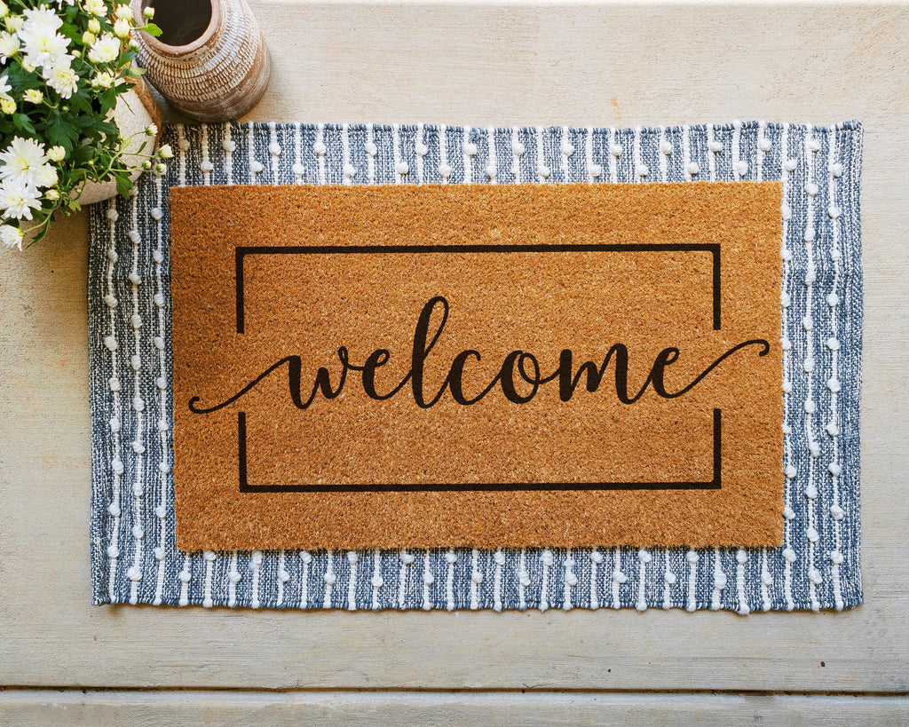 HamlinRowShop Welcome Cursive Script Coir Doormat Natural Fiber