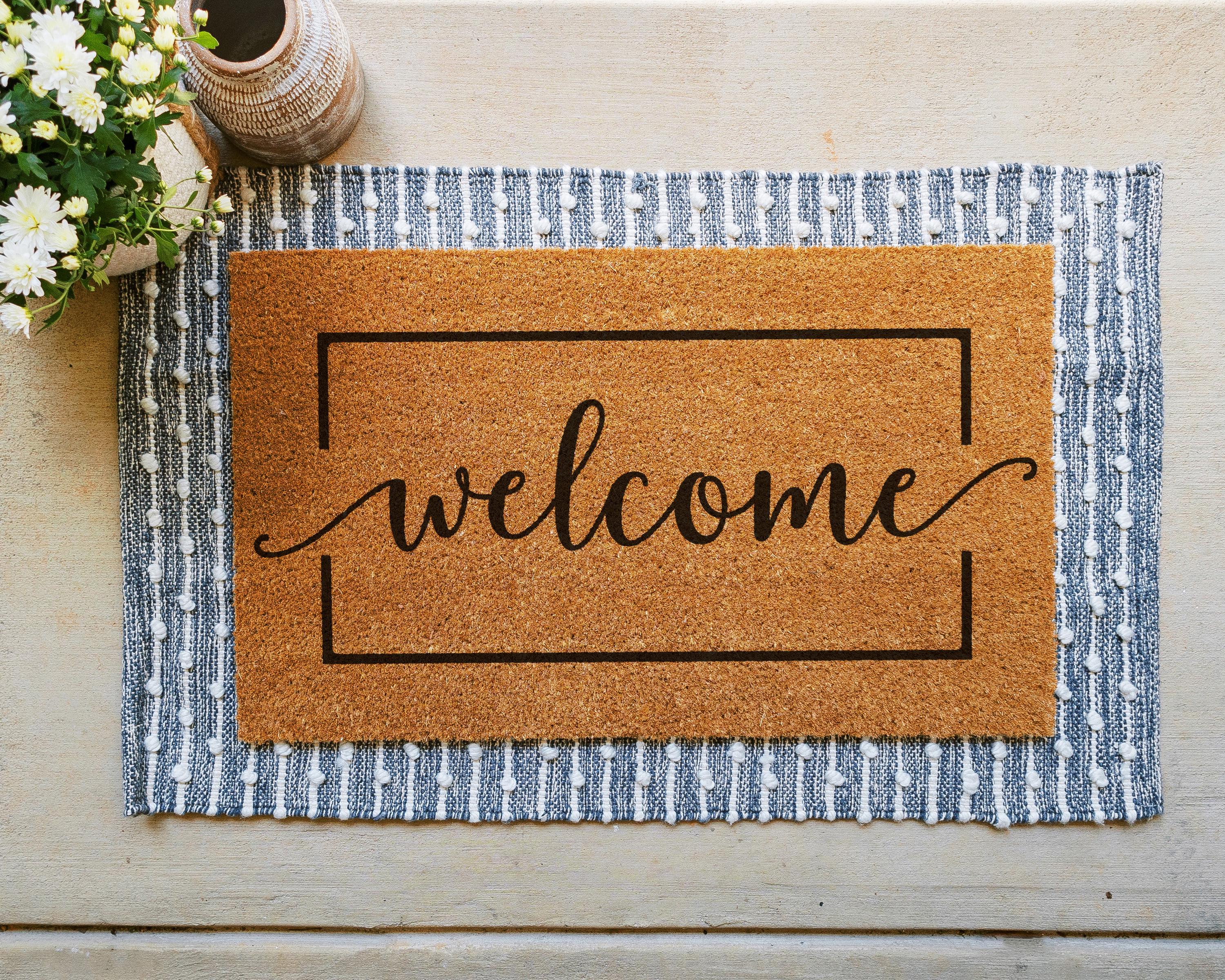 HamlinRowShop Welcome Cursive Script Coir Doormat Natural Fiber