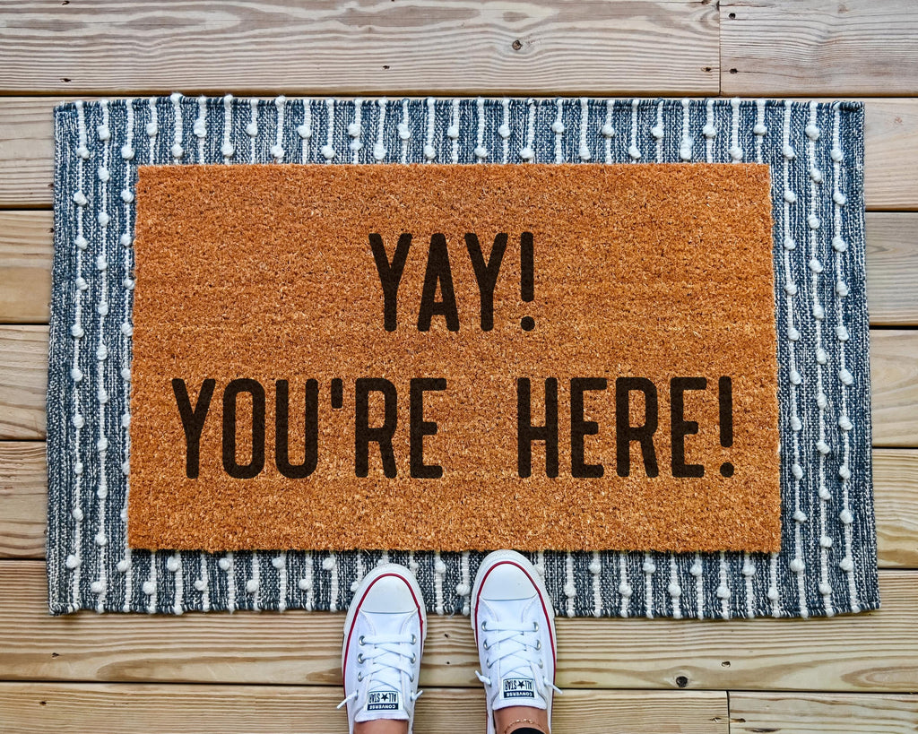 HamlinRowShop Coir Doormat Yay You're Here Welcome Mat