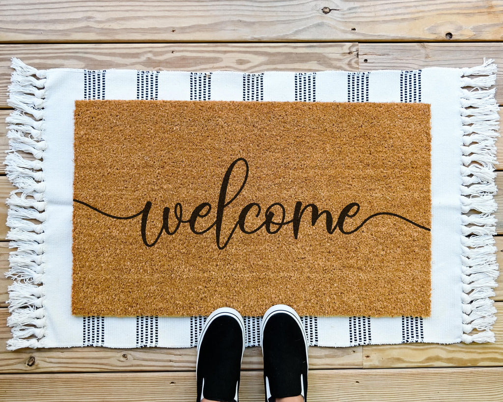 HamlinRowShop Welcome Cursive Script Coir Doormat