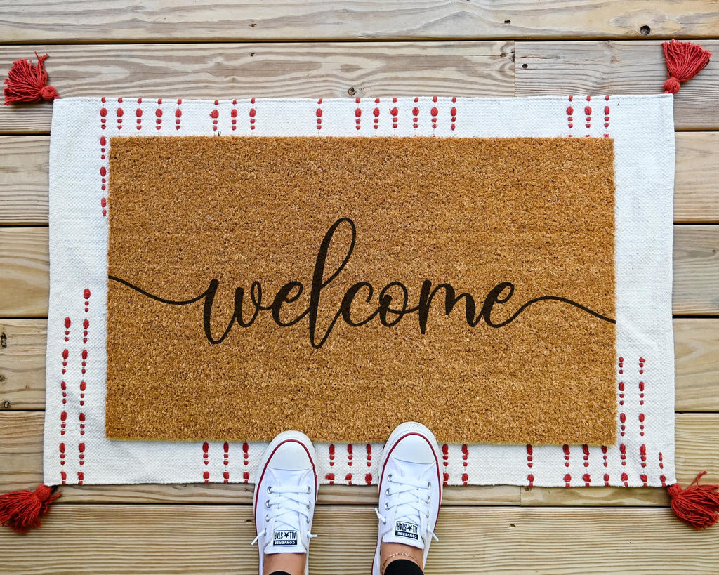 HamlinRowShop Welcome Cursive Script Coir Doormat