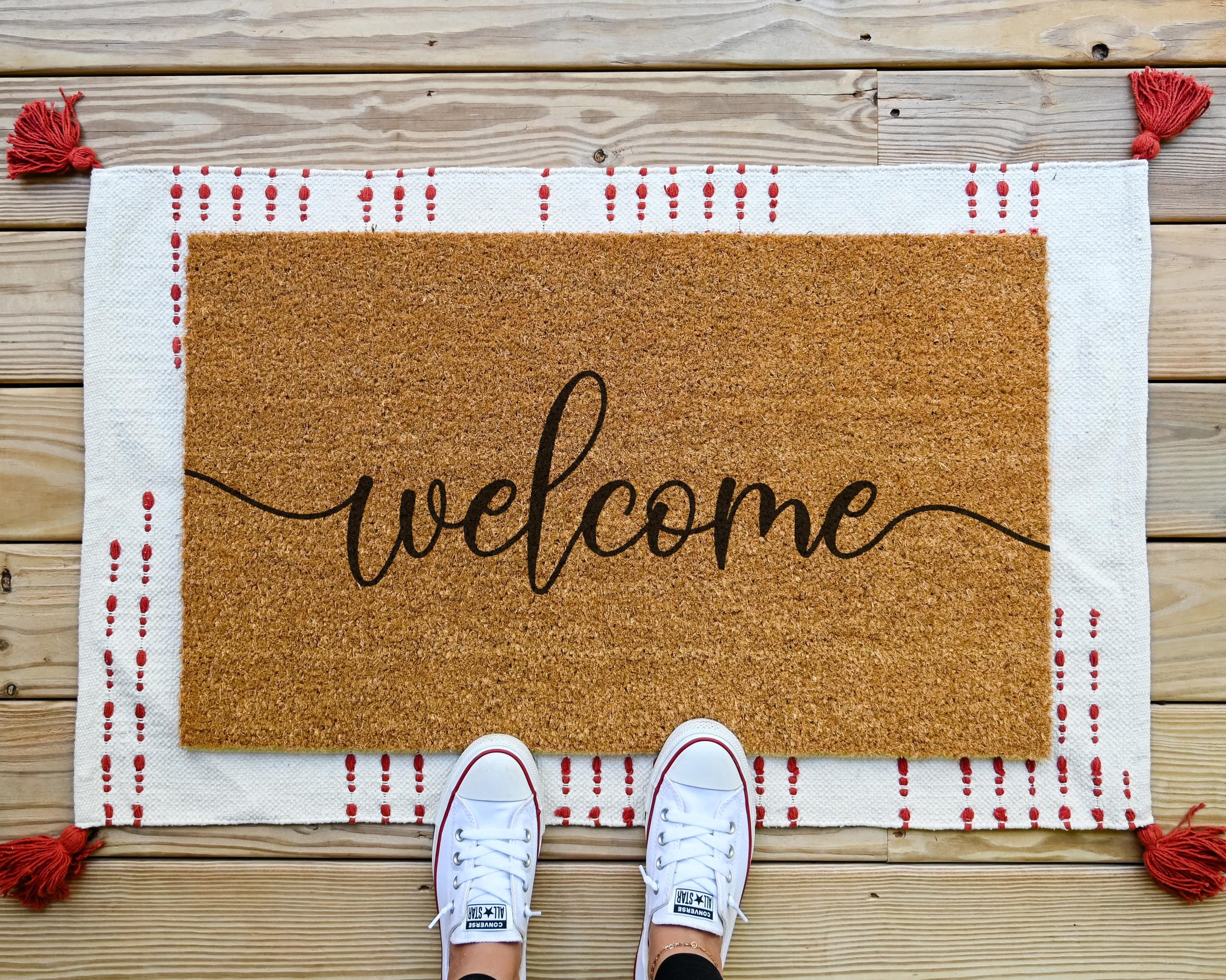 HamlinRowShop Welcome Cursive Script Coir Doormat