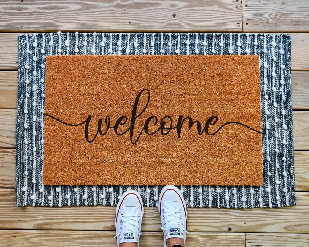 HamlinRowShop Welcome Cursive Script Coir Doormat