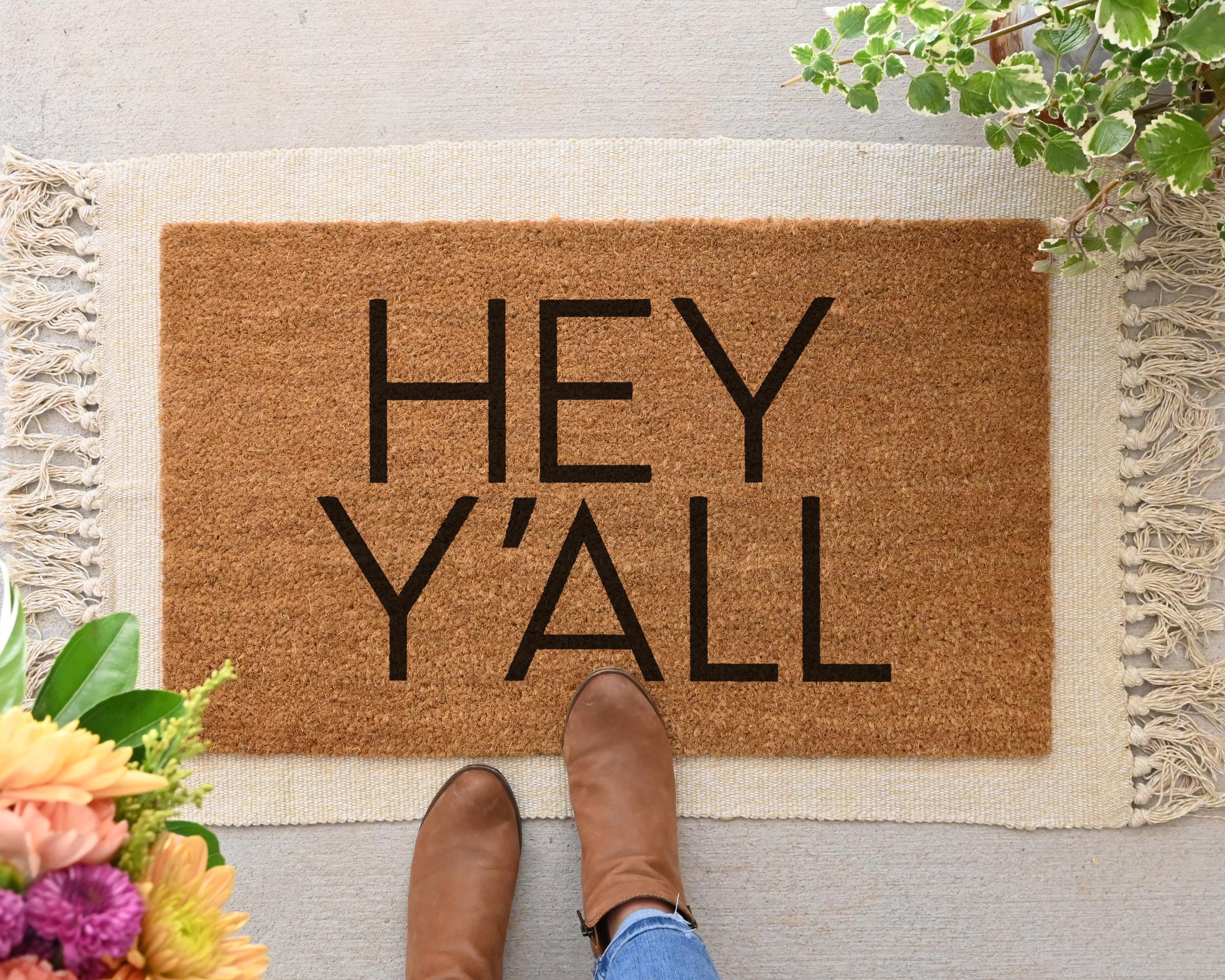 HamlinRowShop Hey Y'all Coir Doormat Custom Welcome Mat