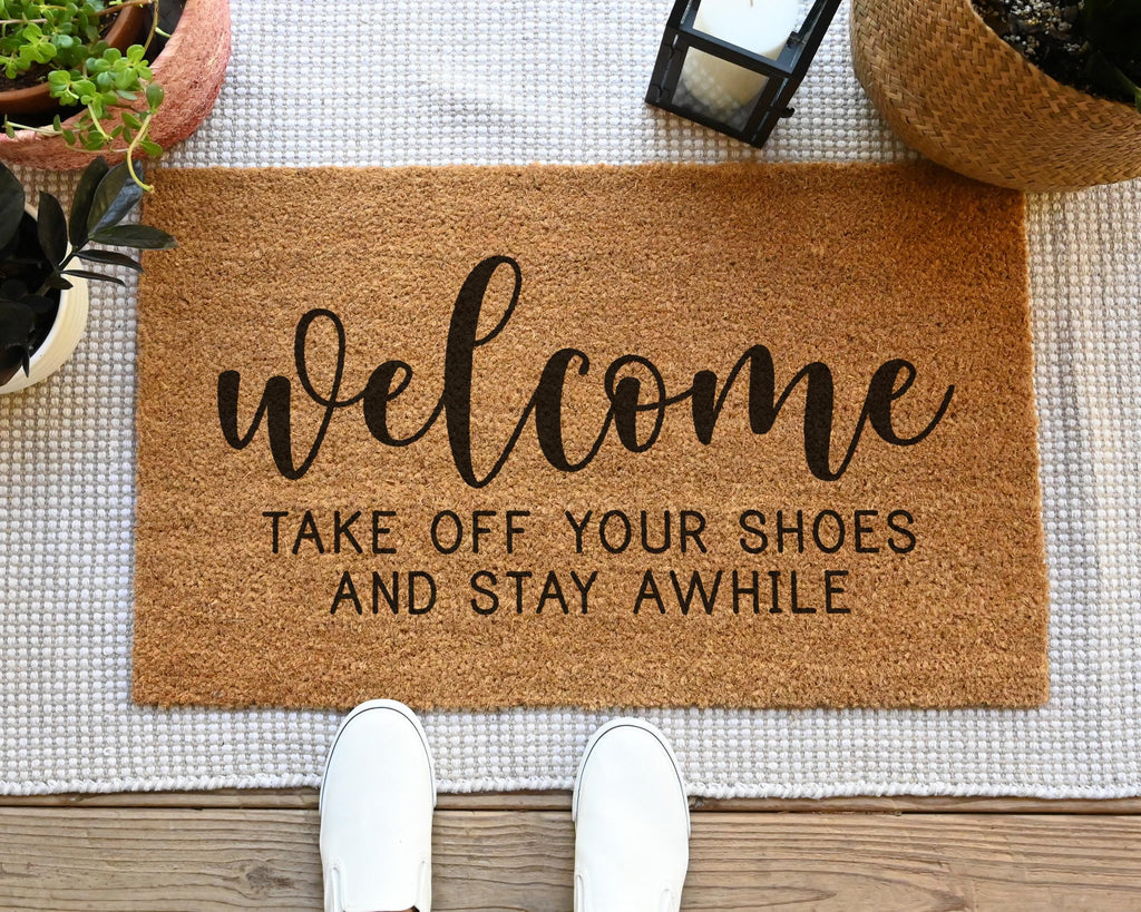 HamlinRowShop Coir Welcome Doormat - Take Off Your Shoes Stay Awhile