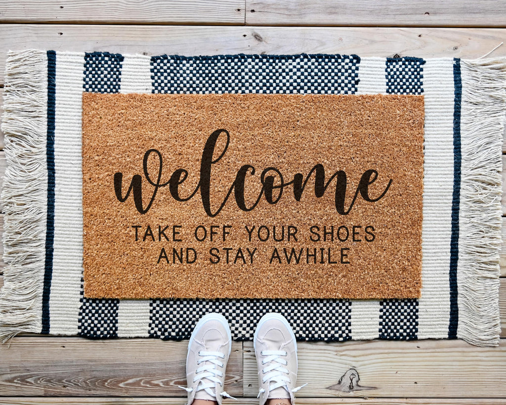 HamlinRowShop Coir Welcome Doormat - Take Off Your Shoes Stay Awhile