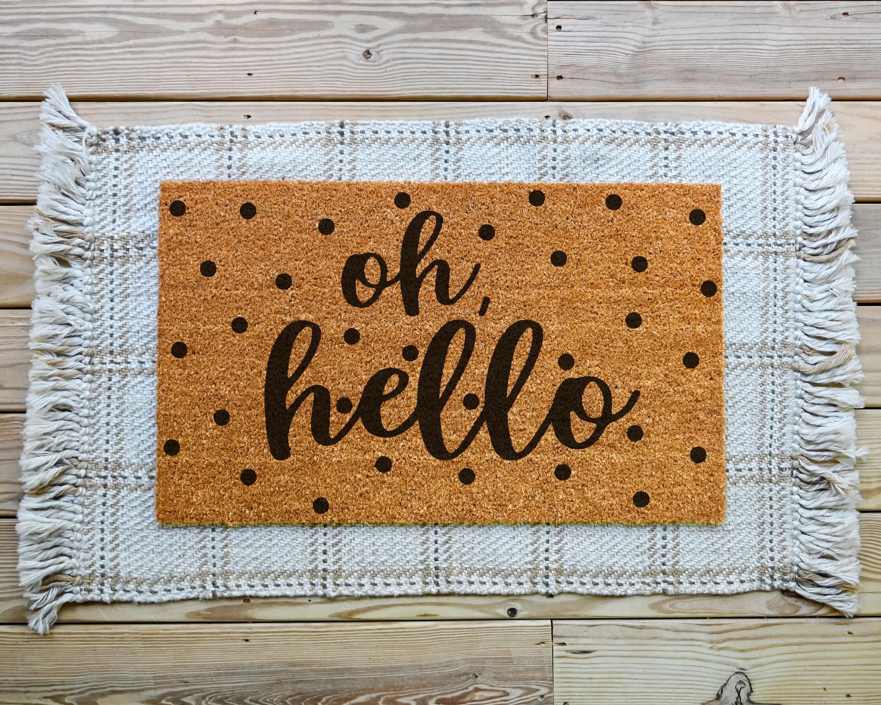 HamlinRowShop Oh Hello Coir Doormat Scrolling Cursive Design