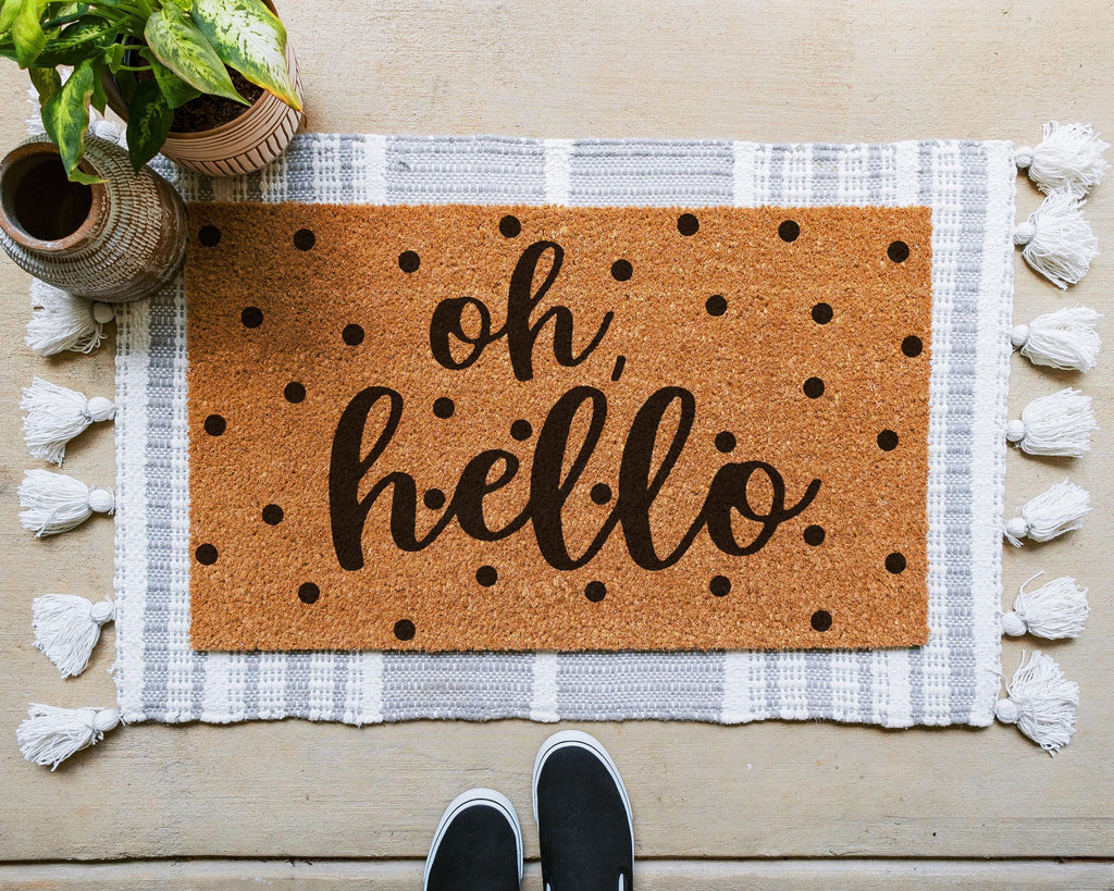 HamlinRowShop Oh Hello Coir Doormat Scrolling Cursive Design