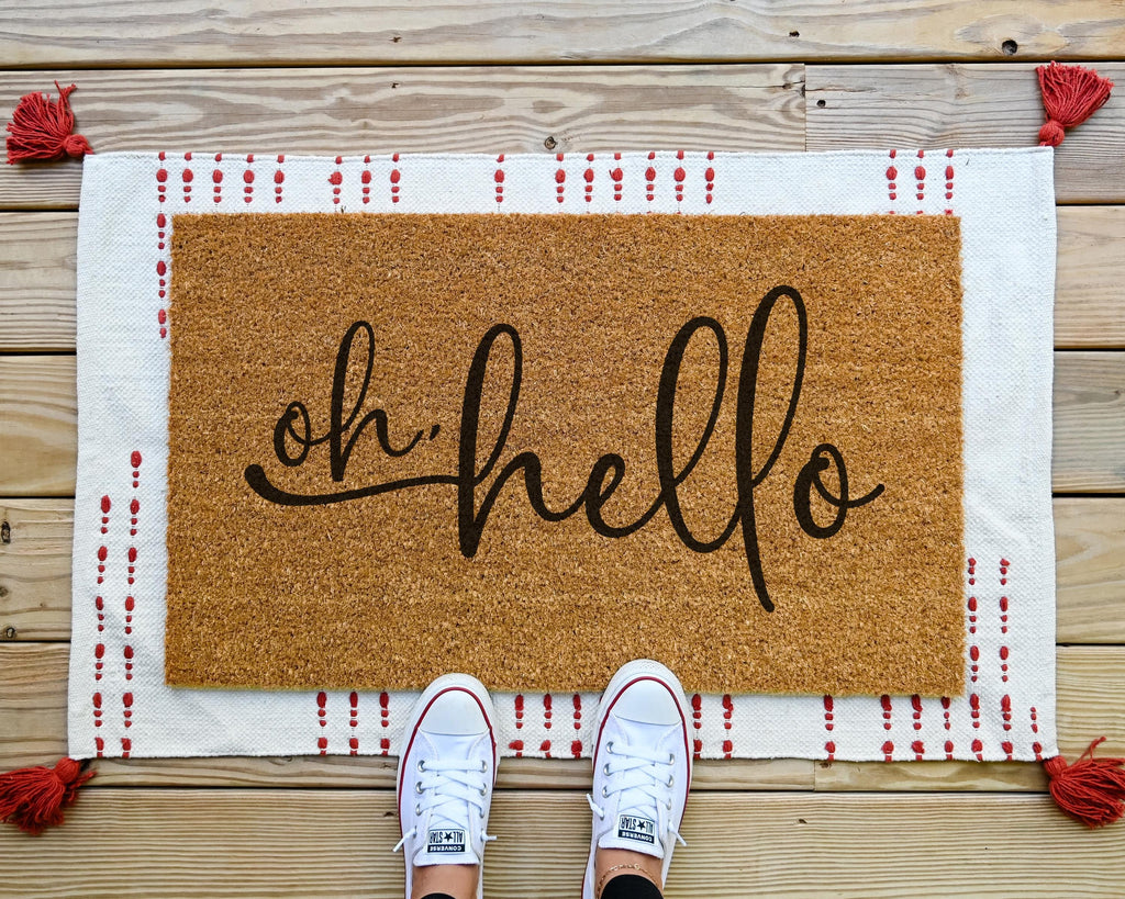 HamlinRowShop Oh Hello Coir Doormat Cursive Welcome Mat