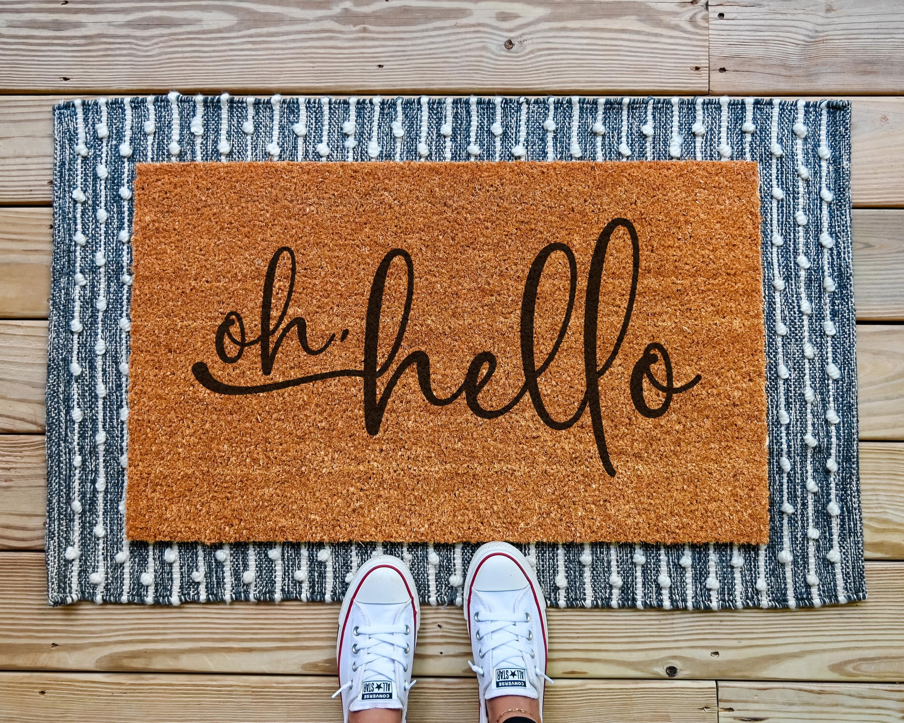 HamlinRowShop Oh Hello Coir Doormat Cursive Welcome Mat