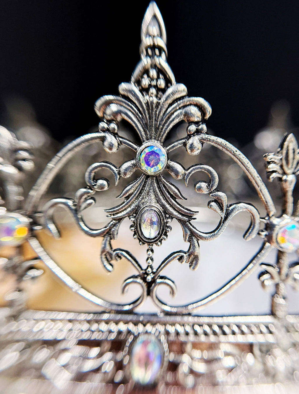 HappyJewelryWorld Vintage Silver Crown Iridescent Crystal Rhinestone XL