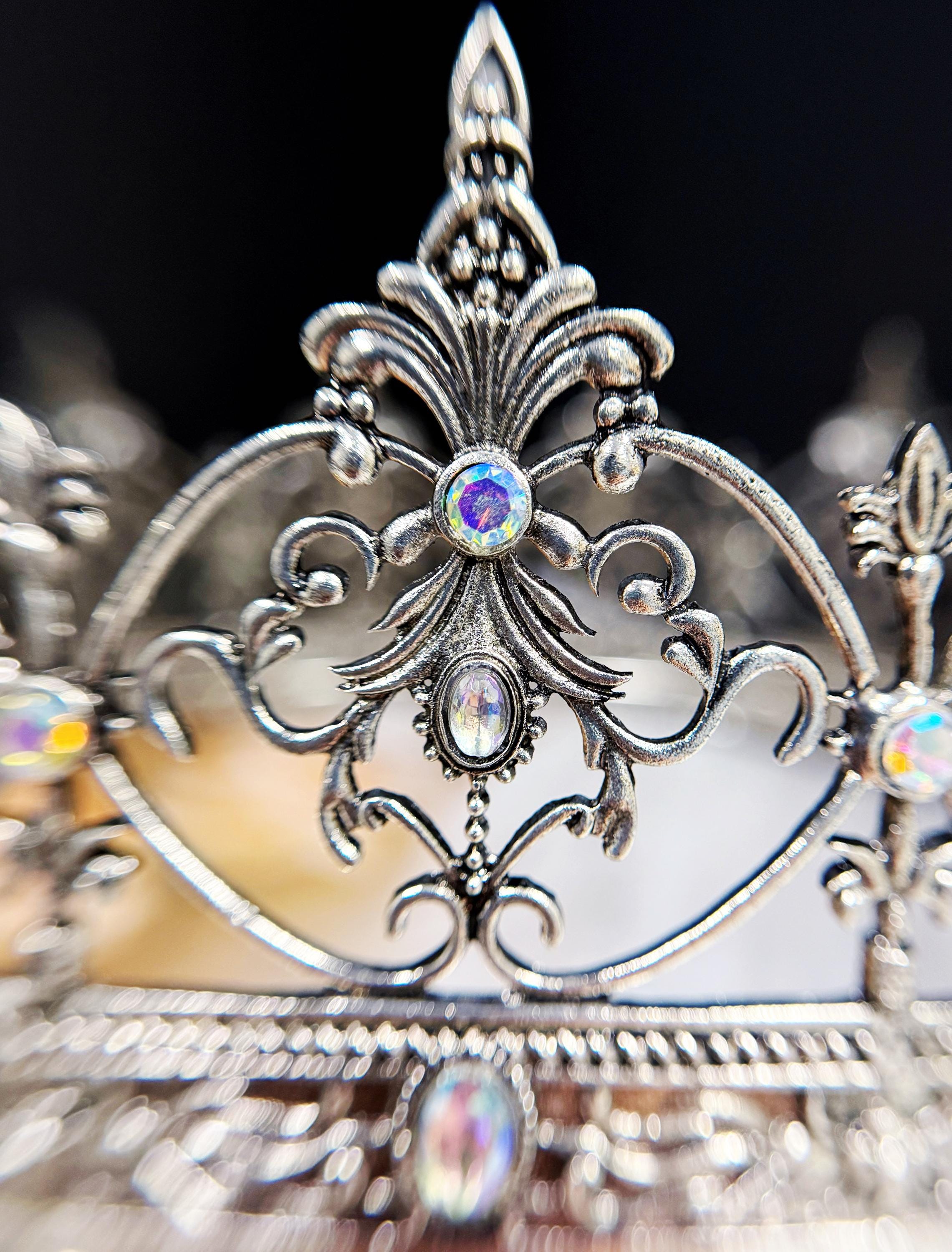 HappyJewelryWorld Vintage Silver Crown Iridescent Crystal Rhinestone XL