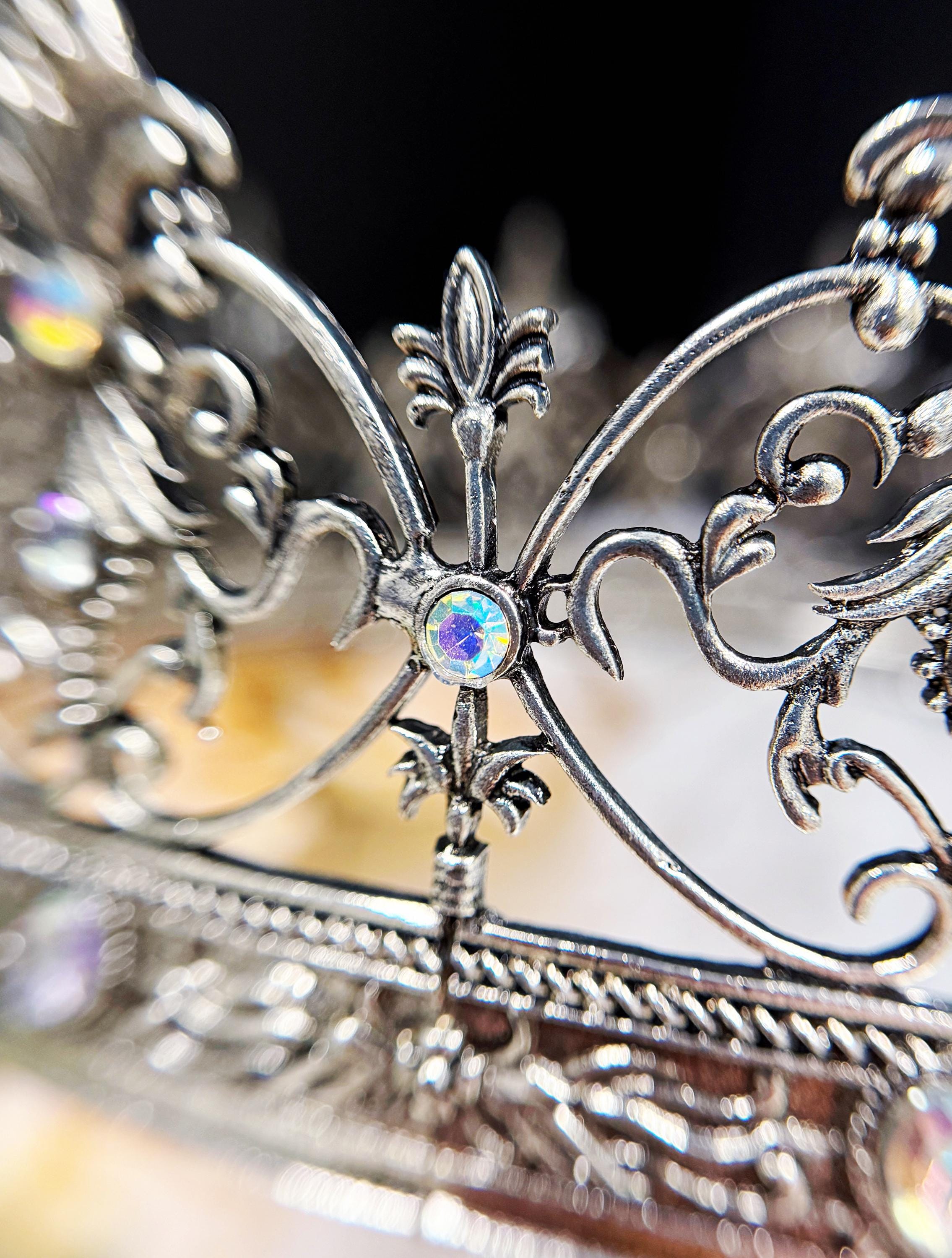 HappyJewelryWorld Vintage Silver Crown Iridescent Crystal Rhinestone XL