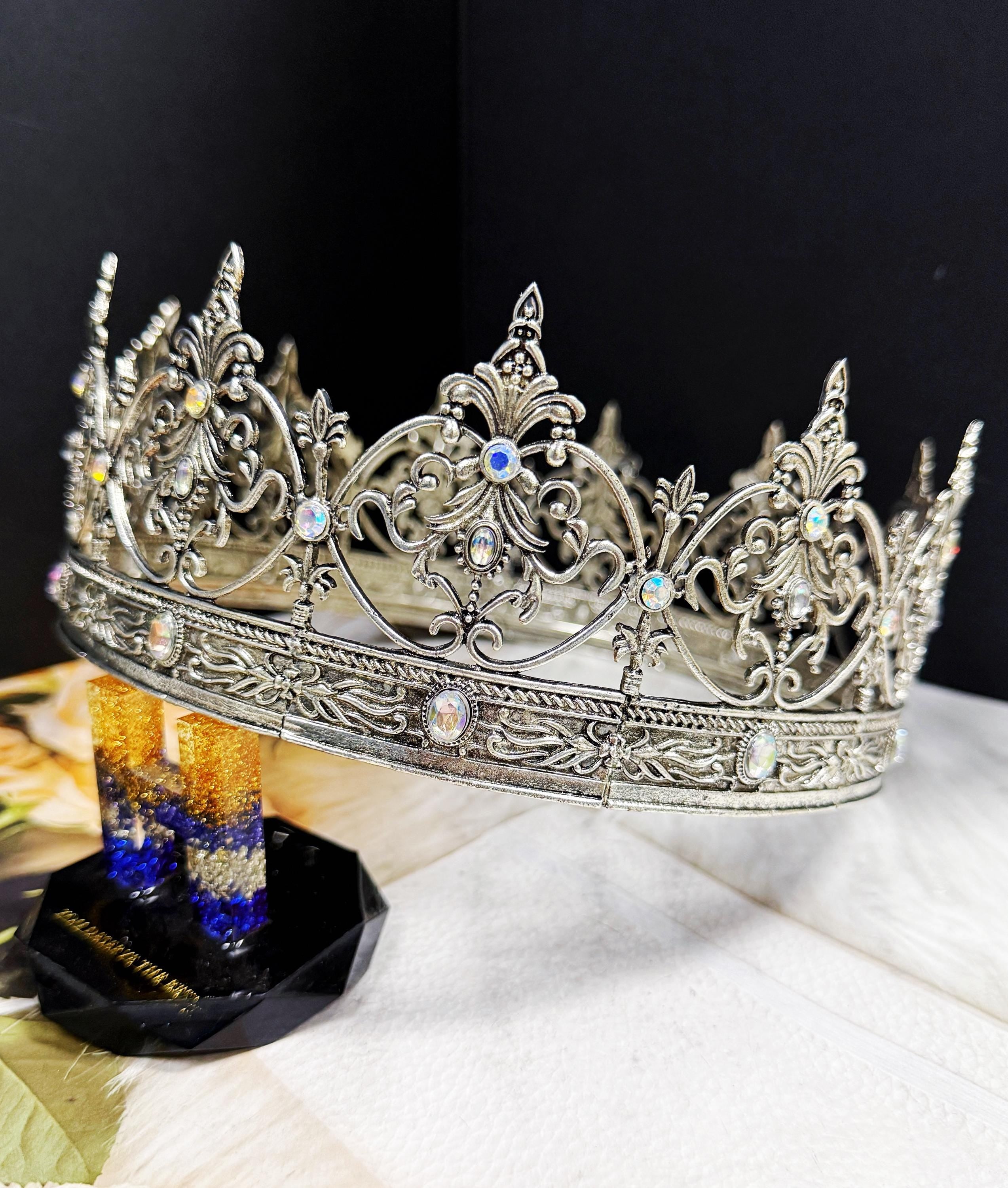 HappyJewelryWorld Vintage Silver Crown Iridescent Crystal Rhinestone XL