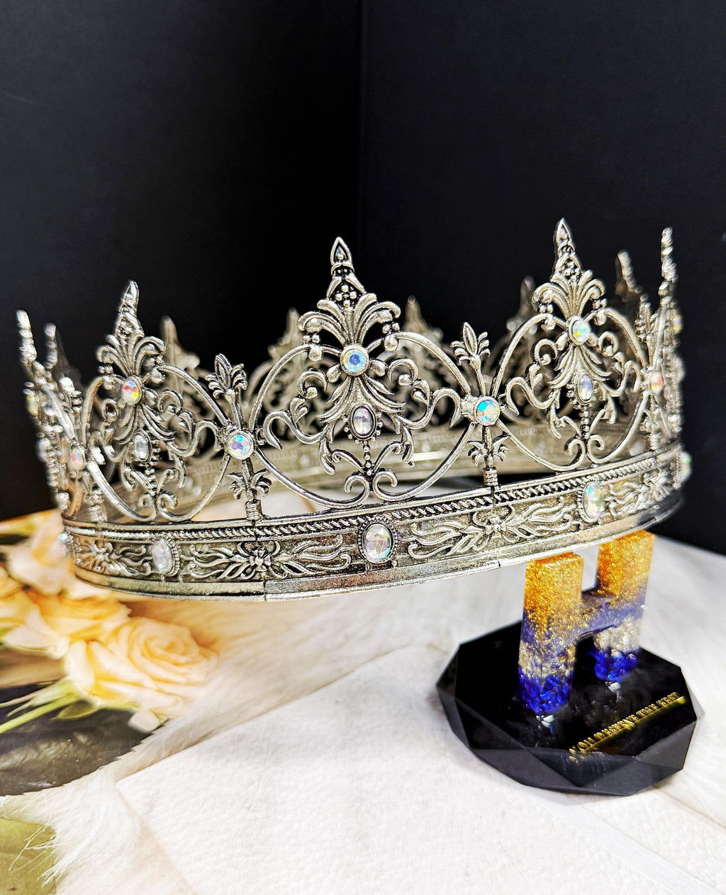 HappyJewelryWorld Vintage Silver Crown Iridescent Crystal Rhinestone XL