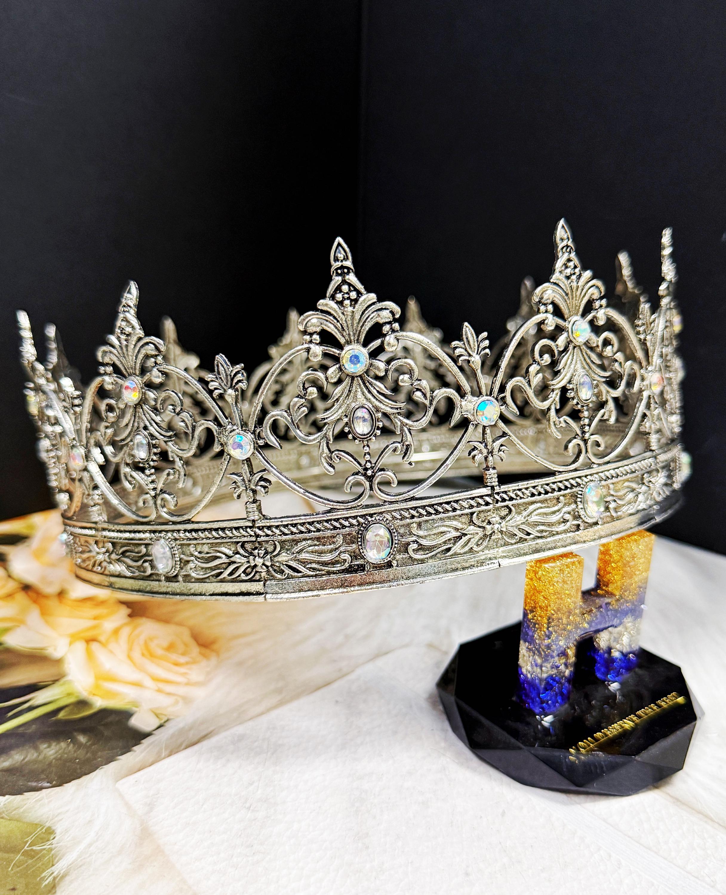 HappyJewelryWorld Vintage Silver Crown Iridescent Crystal Rhinestone XL