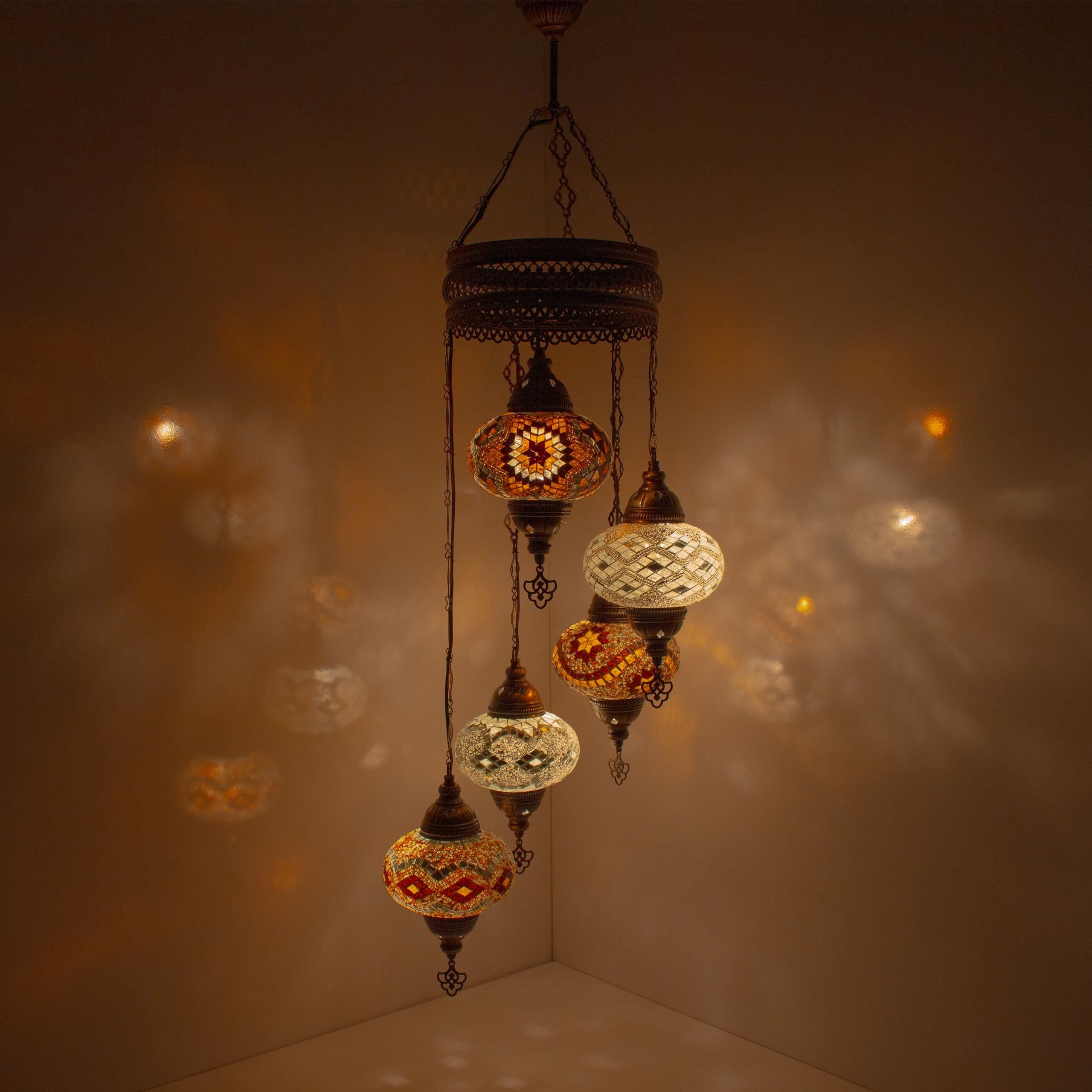MoslandHome Handmade Turkish Mosaic Chandelier 5 Globe Hanging Lamp