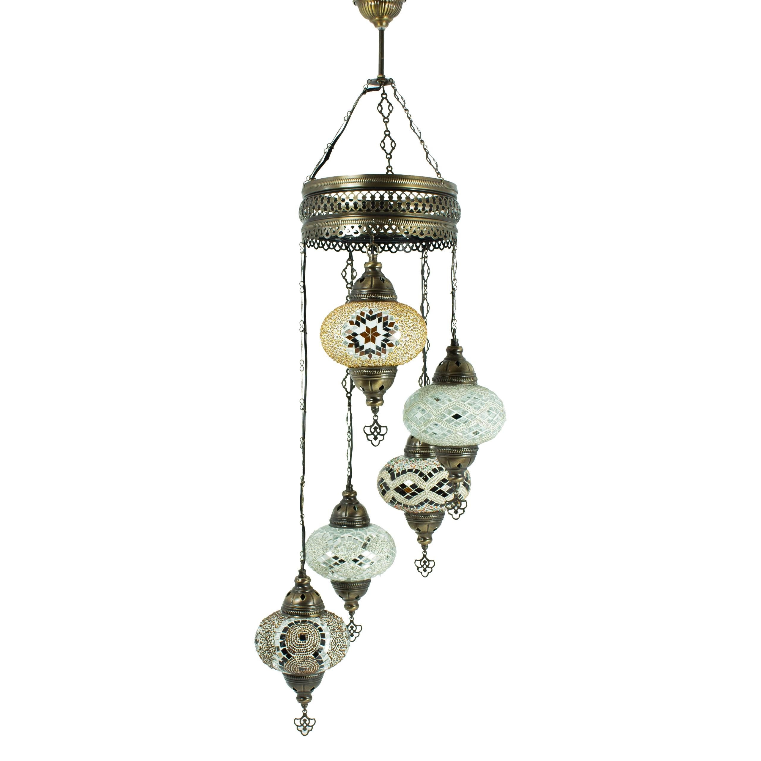MoslandHome Handmade Turkish Mosaic Chandelier 5 Globe Hanging Lamp