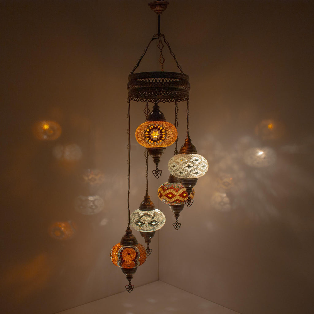 MoslandHome Handmade Turkish Mosaic Chandelier 5 Globe Hanging Lamp