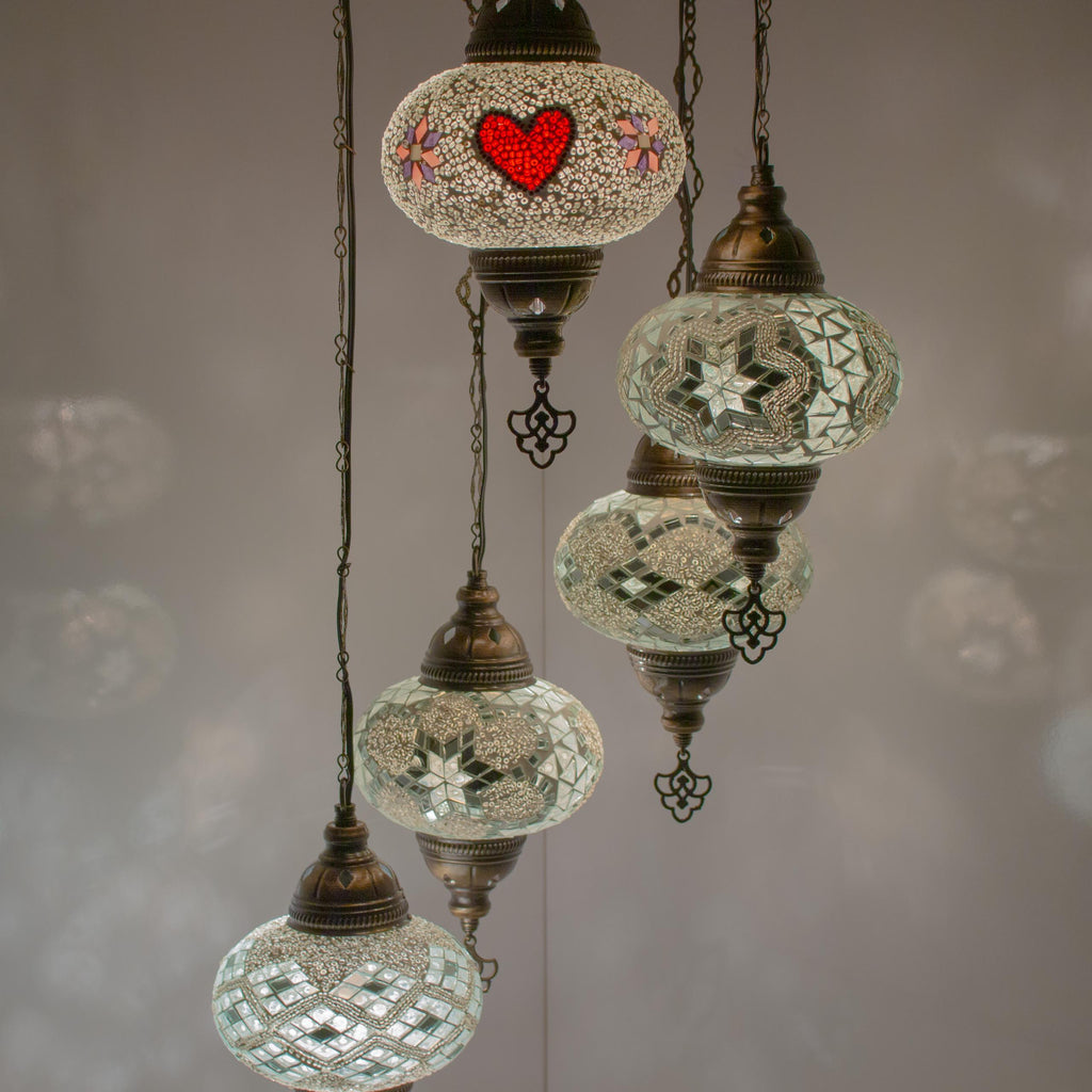 MoslandHome Handmade Turkish Mosaic Chandelier 5 Globe Hanging Lamp
