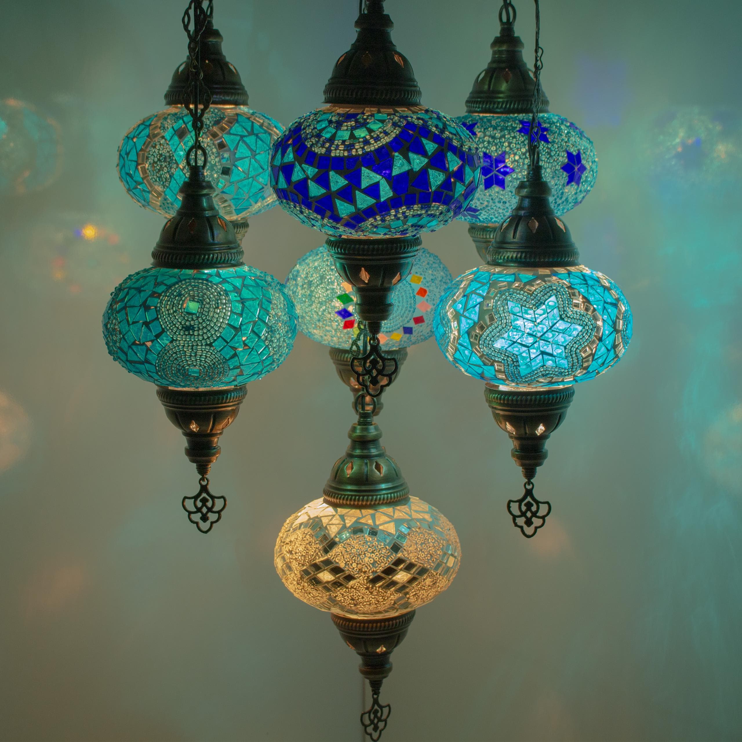 MoslandHome Handmade Turkish Mosaic Pendant Chandelier Antique Brass
