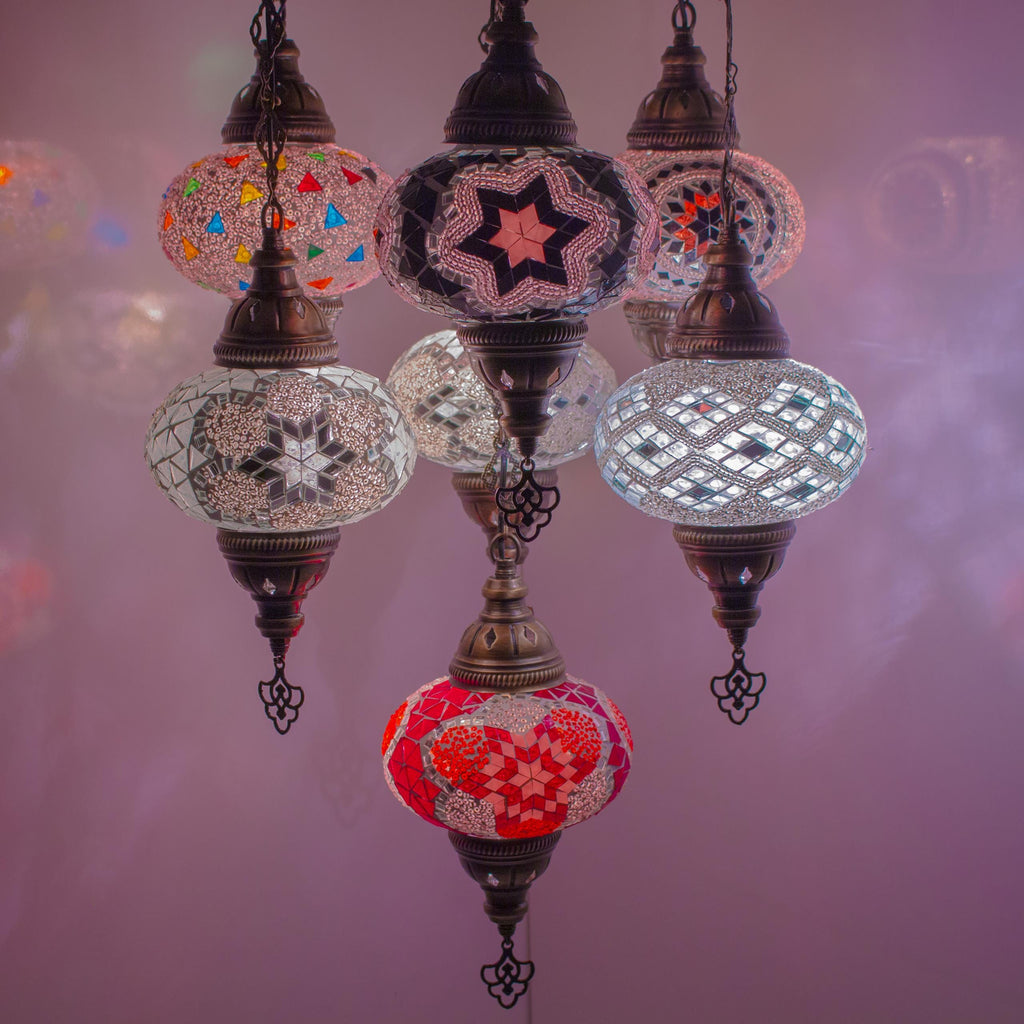 MoslandHome Handmade Turkish Mosaic Chandelier 7 Globe Pendant Light
