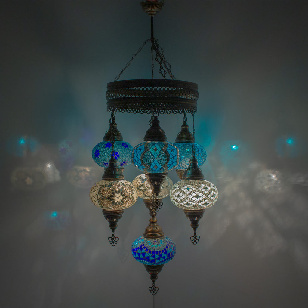 MoslandHome Handmade Turkish Mosaic Chandelier 7 Globe Pendant Light
