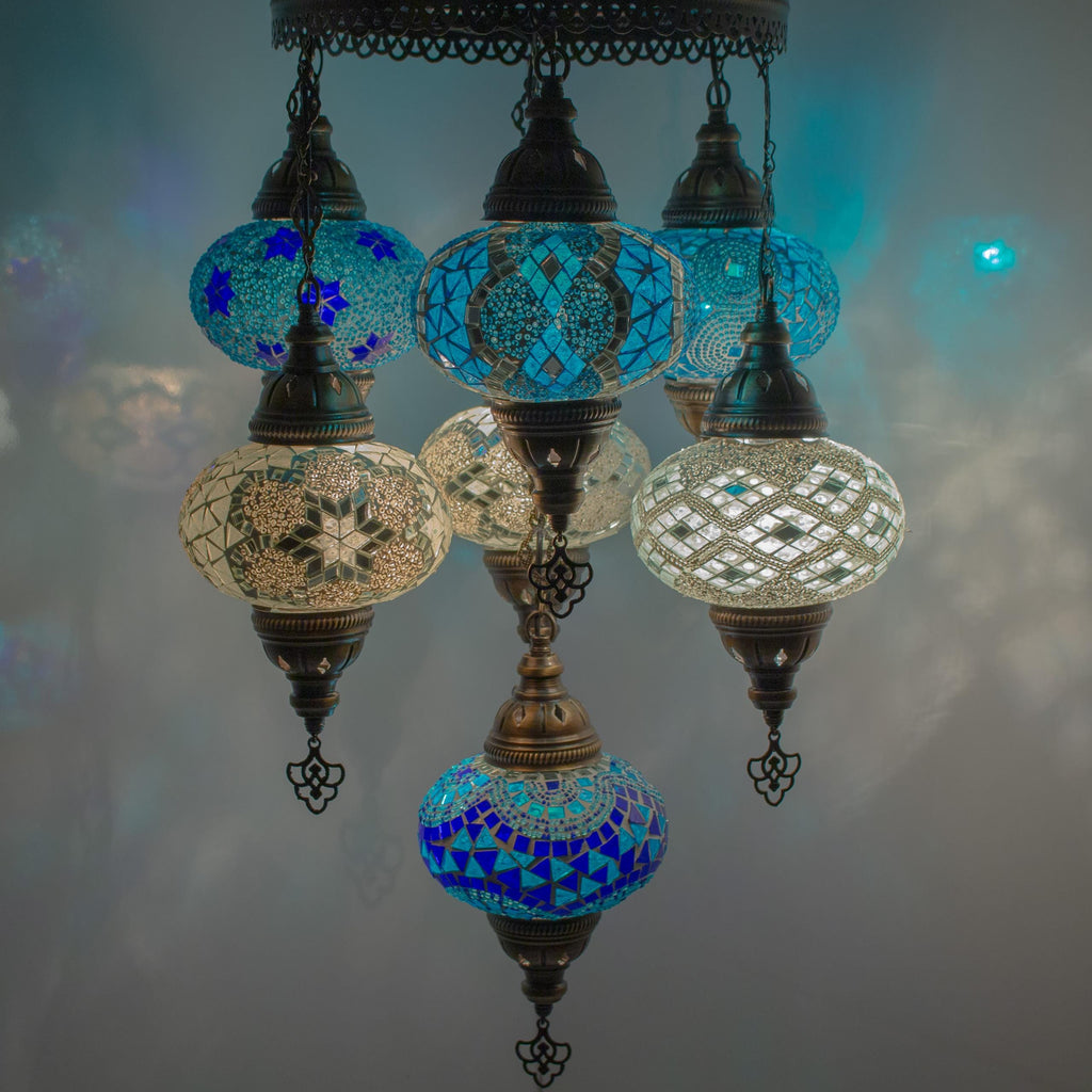 MoslandHome Handmade Turkish Mosaic Chandelier 7 Globe Pendant Light