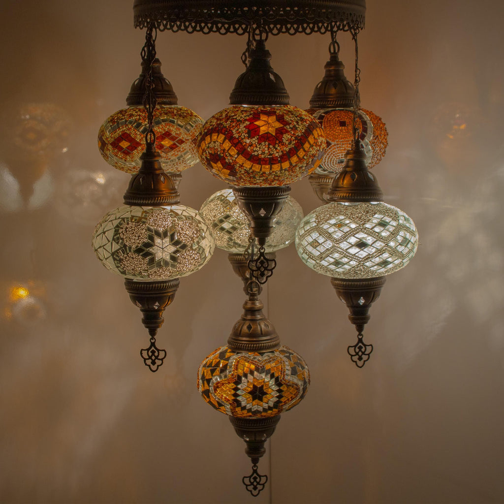 MoslandHome Handmade Turkish Mosaic Chandelier 7 Globe Hanging Lamp